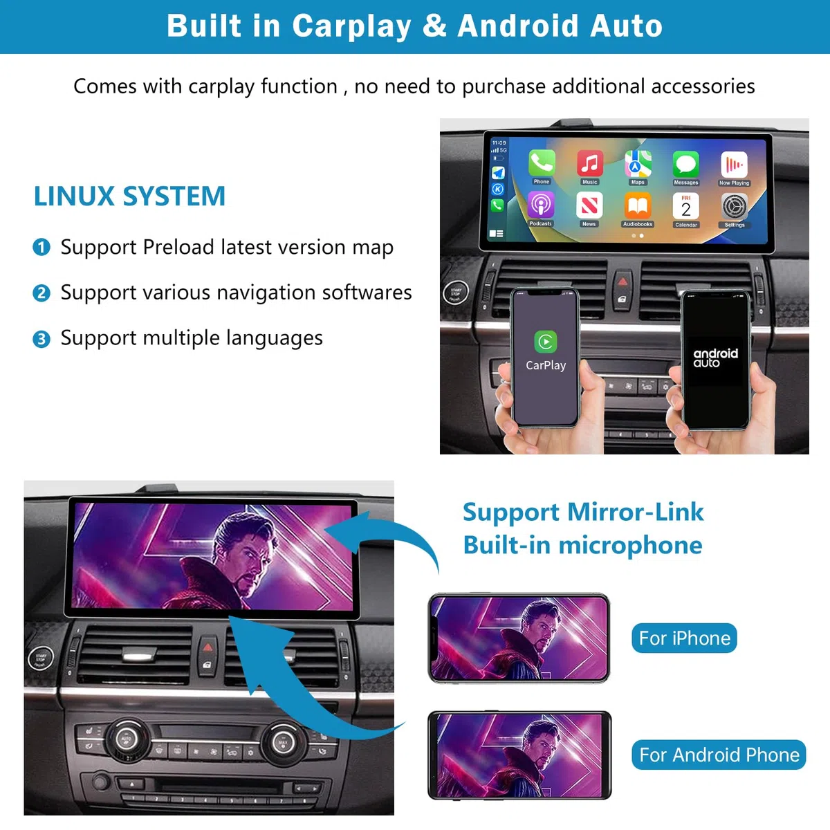 12,3-calowy ekran dotykowy radia samochodowego do BMW X5/X6 E70 E71 2011-2013 z systemem CIC, obsługa Apple Carplay/Android Auto/Mirrorlink/nawigacji GPS