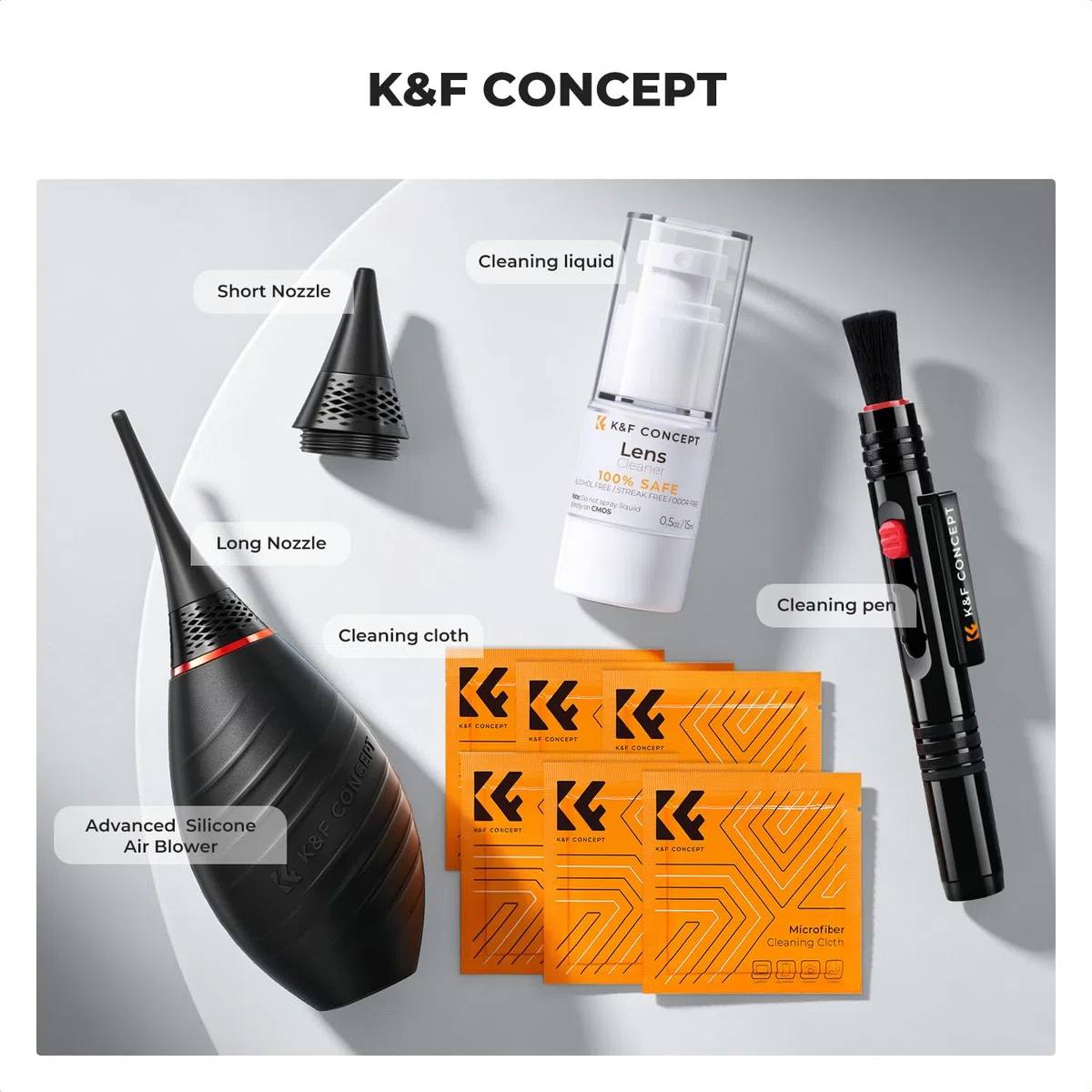 K&F CONCEPT Zestaw do czyszczenia aparatu 10 w 1 zestaw do czyszczenia obiektywów lustrzanek cyfrowych filtr telefonu komórkowego z 6 ściereczkami do czyszczenia, miechami elektrycznymi | Dmuchawa (krótkie i długie końcówki) + profesjonalny płyn + 6 ścier