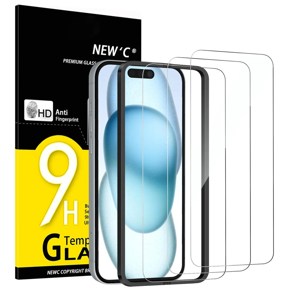NEW'C 3 Sztuki, Ochraniacz Ekranu do iPhone 16,15 (6,1 cala), Folia ochronna ze szkła hartowanego bez pęcherzyków powietrza, odporność na zarysowania - Zawiera narzędzie ułatwiające montaż