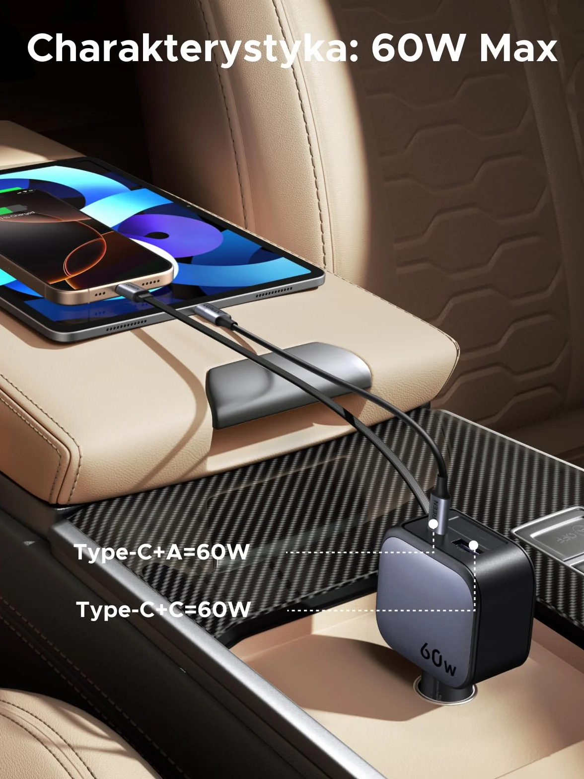 UGREEN 3-portowa zapalniczka samochodowa 60W Chowana ładowarka USB C 12V do iPhone 17/16/15 Galaxy S25/24