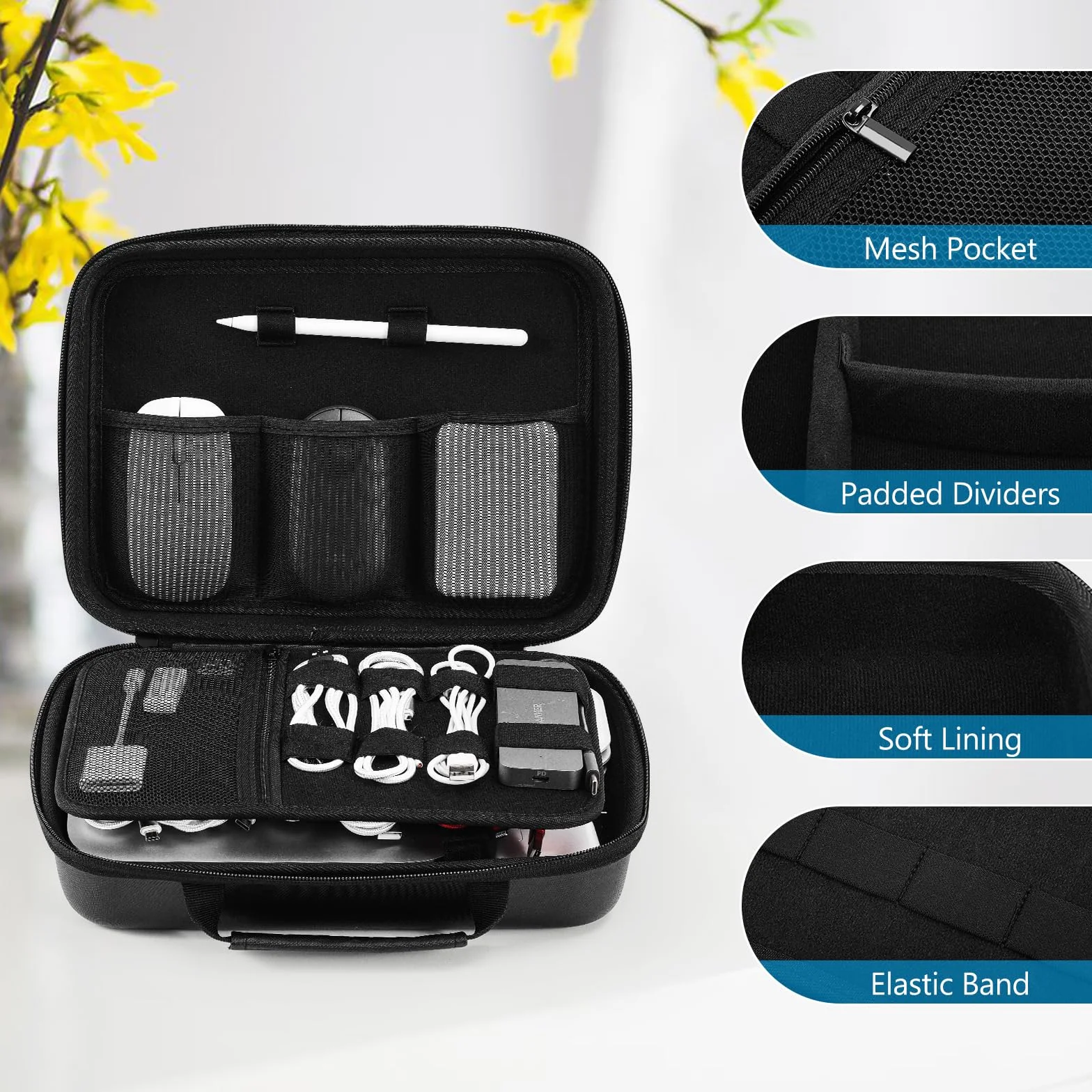 ProCase Organizer na akcesoria elektroniczne, torba podróżna, przenośna, elektroniczna torba na kabel do MacBooka Power Adapter, kabel, Apple Pencil, mysz, pamięć USB, powerbank, karta SD, Xl-czarny