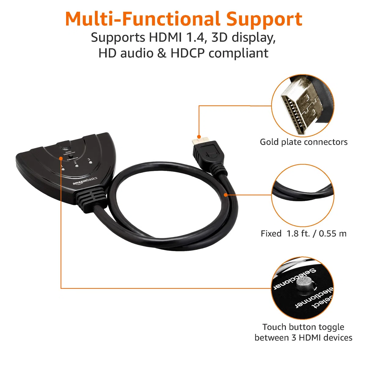 Amazon Basics Przełącznik HDMI z 3 portami i kablem pigtail, obsługuje Full HD, 4K/30 Hz, 3 in 1 out