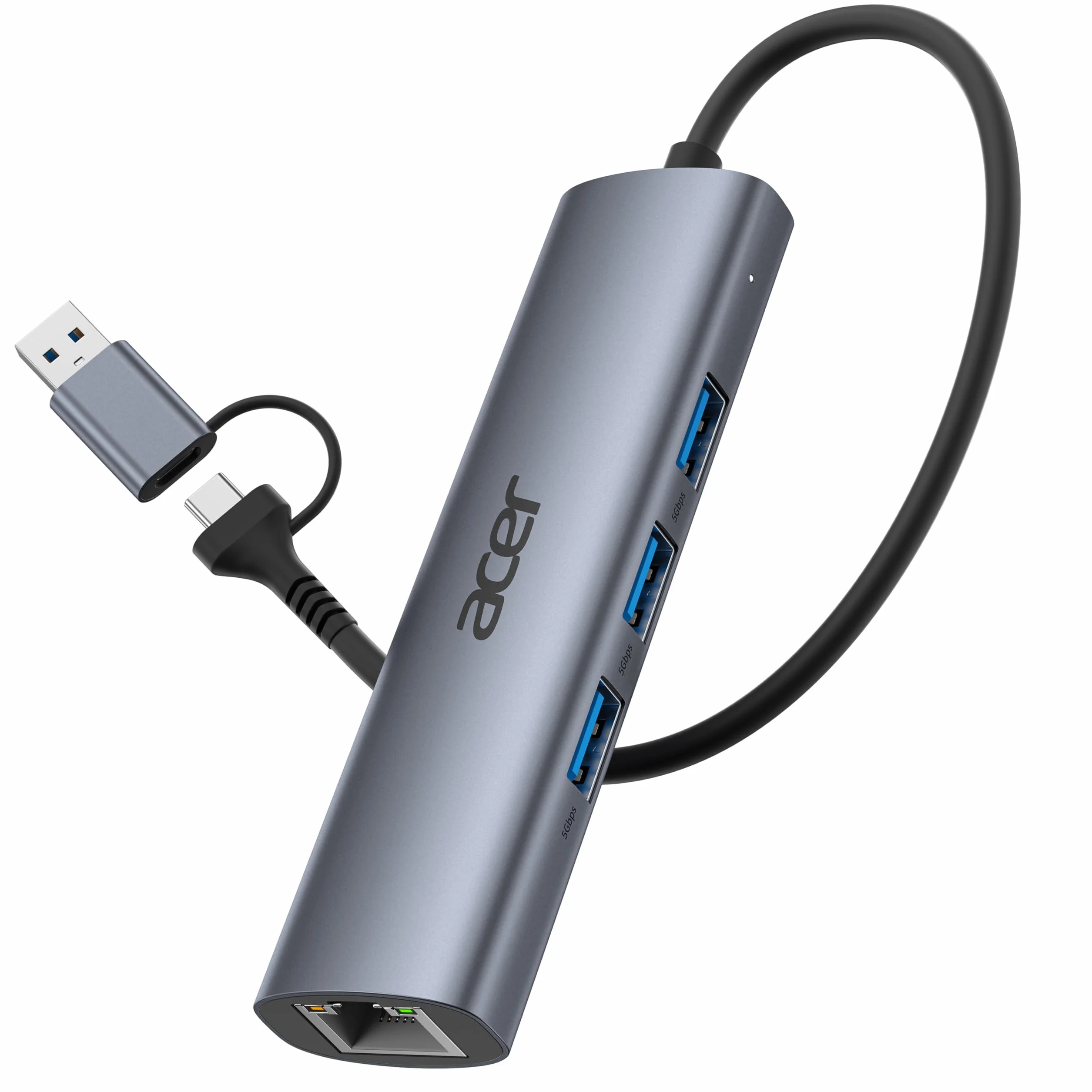 Acer Adapter Ethernet USB C, koncentrator USB A/C z 3 USB 3.0 5Gbps & LAN RJ45 1Gbps, [Bez drivera, Aluminiowy] Adapter USB do sieci dla laptopów, MacBook Pro, iPad, iPhone 16, Samsung, XPS, Myszy