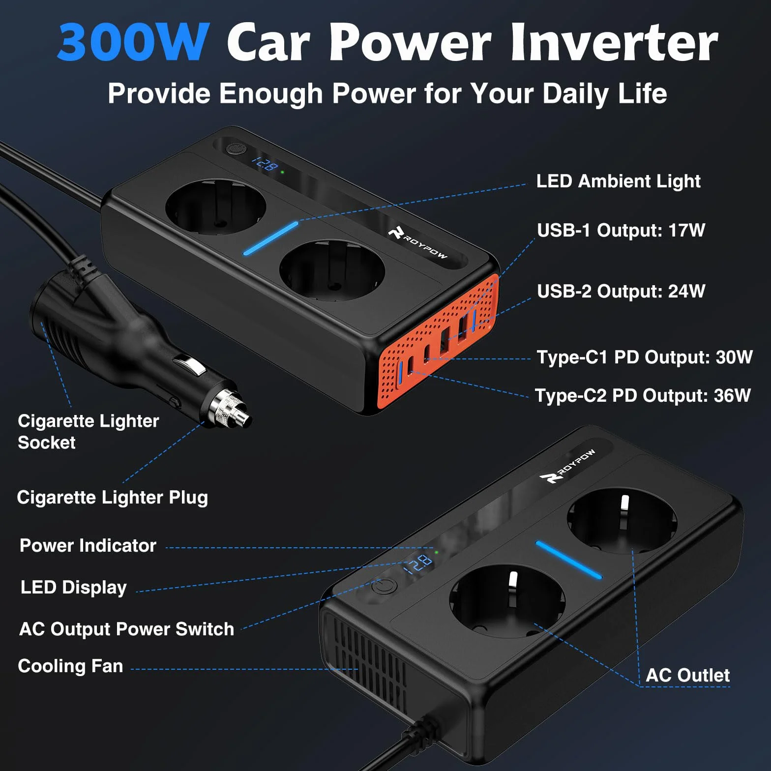 RoyPow Samochodowa przetwornica napięcia 300 W, falownik DC 12 V na AC 230 V z 2 gniazdami i 4 portami USB, szybkie ładowanie, ładowarka samochodowa z wtyczką do zapalniczki samochodowej