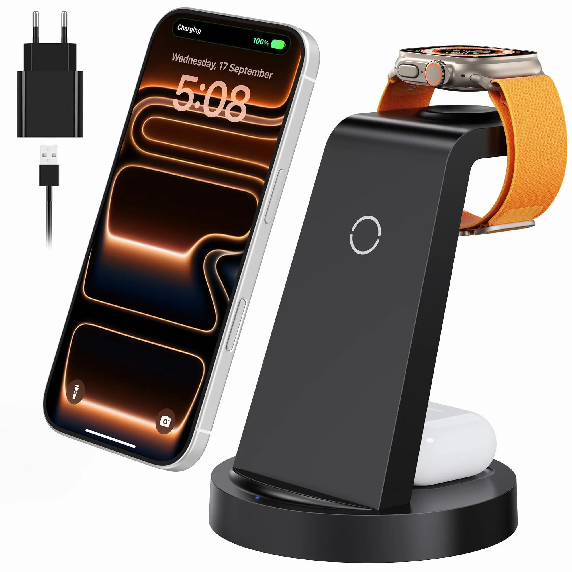 Bezprzewodowa ładowarka Stacja ładująca kompatybilna z Phone 17 Air 16e 16 15 14 13 12 11 X Pro Max & Ładowarki indukcyjne iWatch 11-2 z Pods 4 3 2 Pro z 18W Fast adapterem (Czarny)