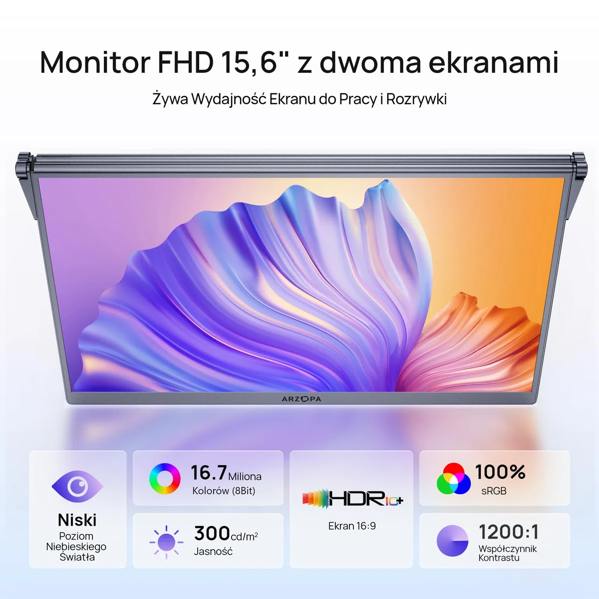 ARZOPA 15,6 cali Podwójny Ekran Przenośny Monitor, 100% sRGB FHD 1920x1080, Rozszerzenie Laptopa z Dwoma Ekranami, Typ-C/HDMI, Głośniki, Etui, do Laptopa/PC/Switch/PS5/Telefonu-E1