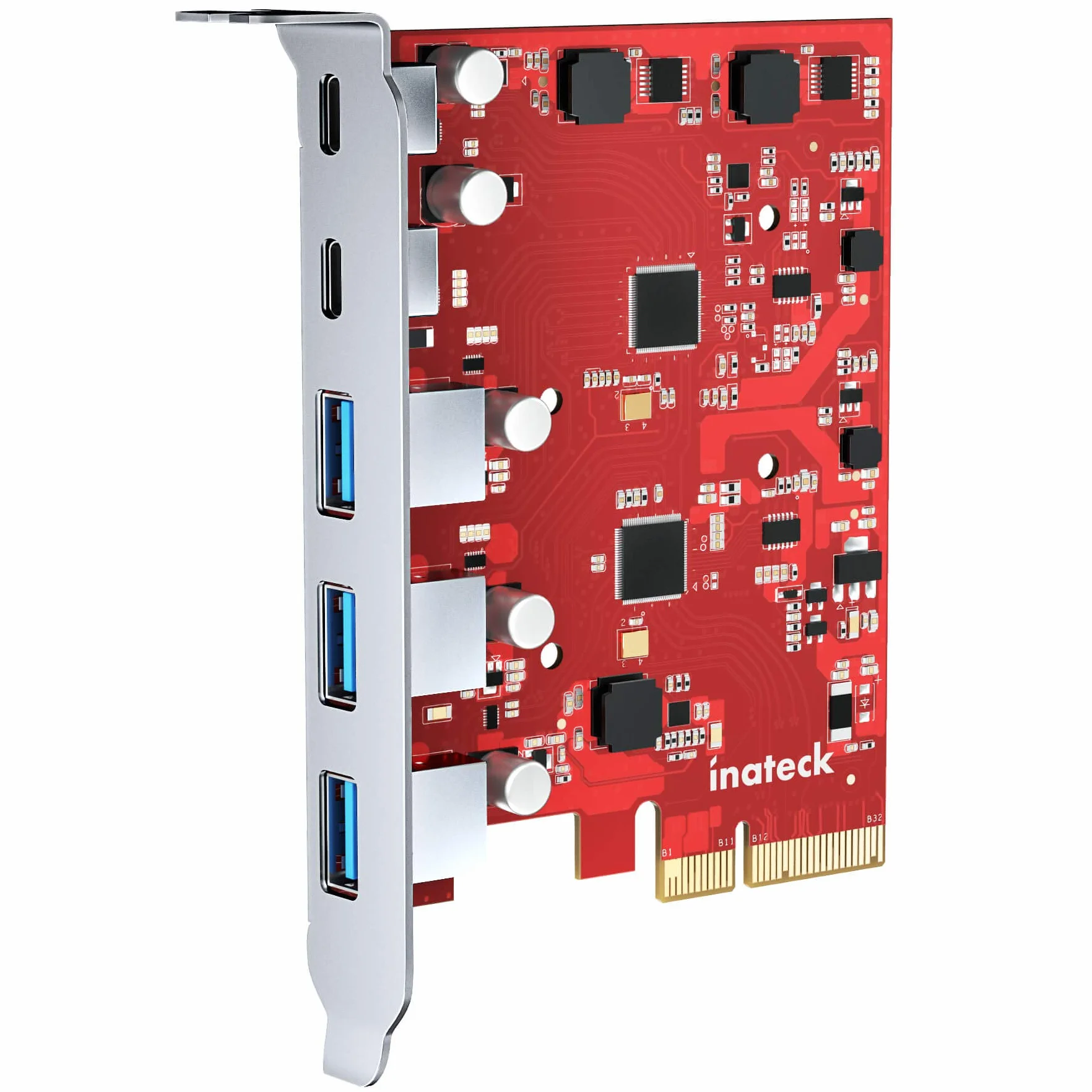 Inateck RedComets U21 Karta PCIe USB 3.2 Gen 2 16 Gb/s 3 Porty Typu A 2 Porty Typu C Czerwona