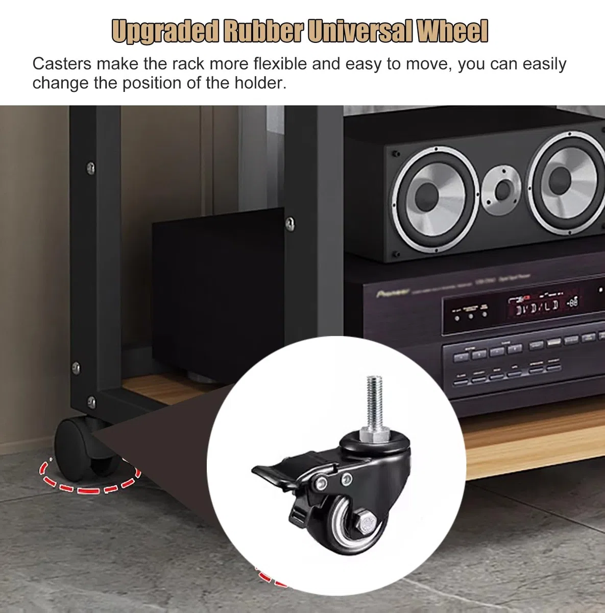 Stojak Na Sprzęt Audio-Wideo Do Salonu/Domu, Stojak Na Sprzęt Stereo, Stojący, Wytrzymały, Z Regulowaną Wysokością Półki I Kółkami, Czarny, Nr 2,5