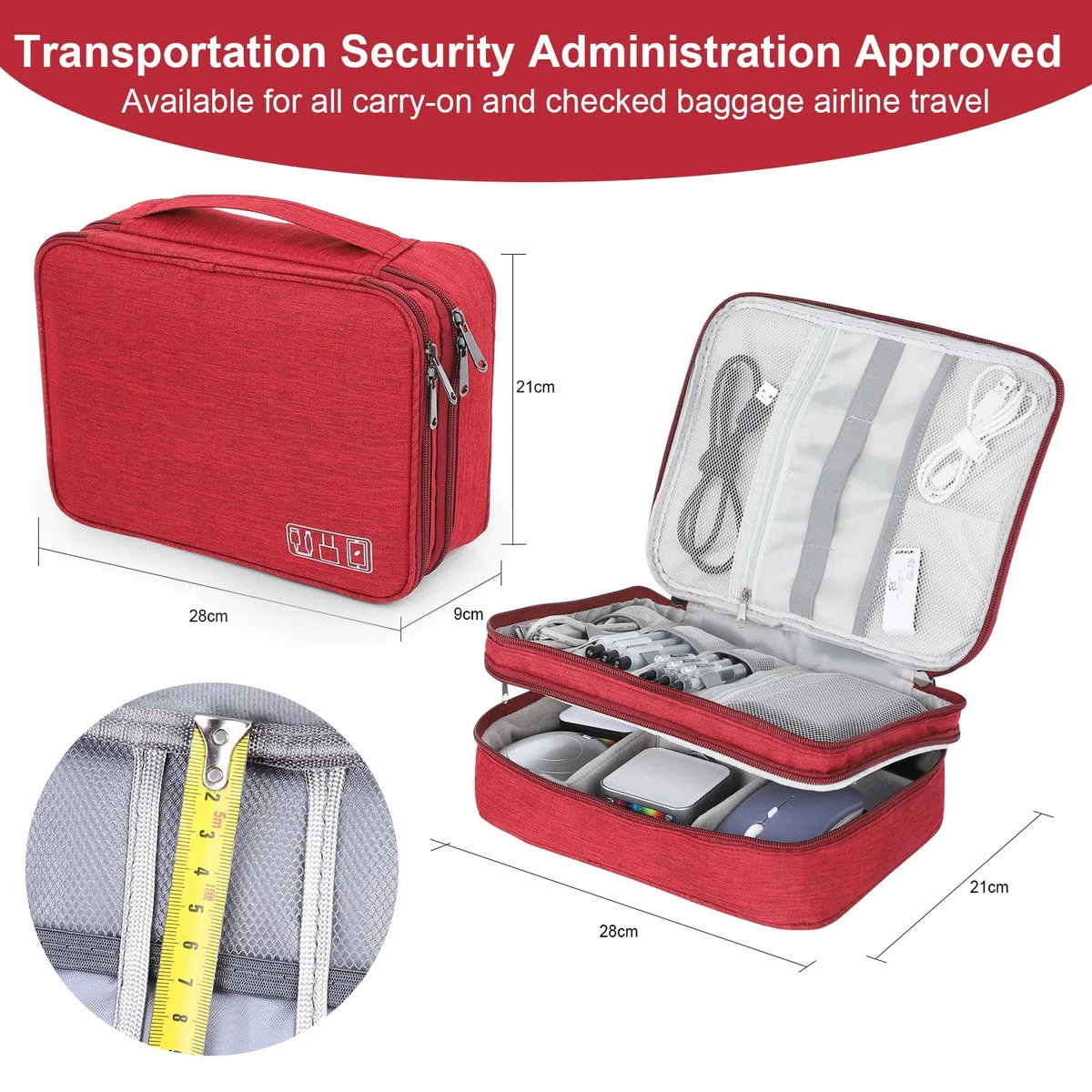AiQInu Organizer Na Kable Torba Podróżna Wodoodporny Przenośny Organizator Na Kable Do Ładowarki, Pamięci USB, Słuchawek, Powerbanku, Dysku Twardego, Karty SD, Czerwone WinO - 3 Warstwy