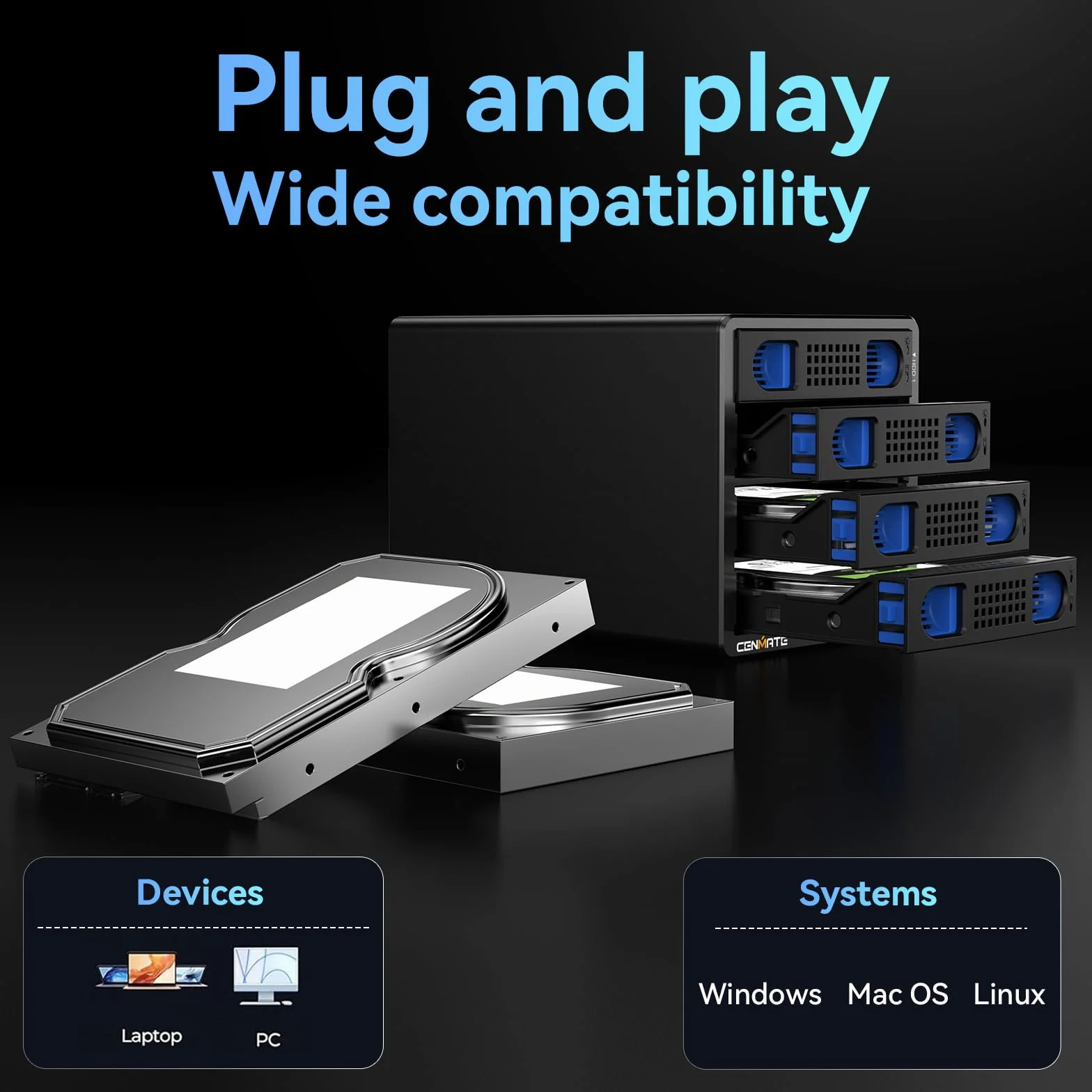 Obudowa dysku twardego, CENMATE 4-wnękowa obudowa RAID 5Gbps z wentylatorem do 2,5/3,5 SATA HDD/SSD, kabel USB A/C 3.0＋eSATA, obudowa dysku twardego 3,5 obsługuje pojemność 80TB, 8 trybów RAID, DAS