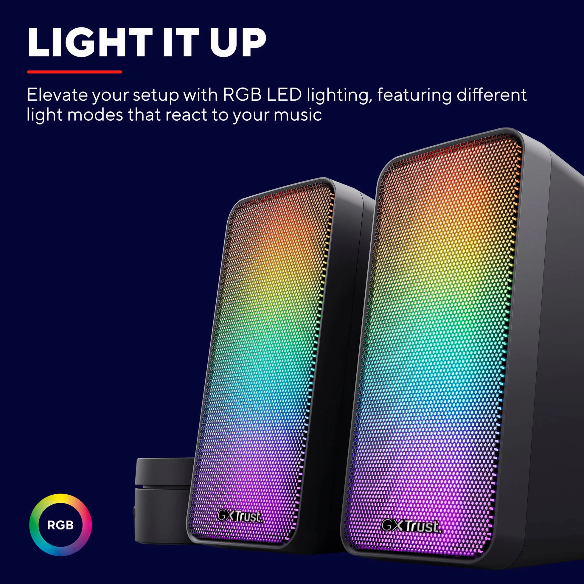 Trust Gaming GXT 611 Wezz 2.0 głośniki do gier z oświetleniem RGB LED 12 W (6 W RMS), zasilanie USB, 3,5 mm, głośniki PC stereo dla komputera, laptopa i gier - czarny
