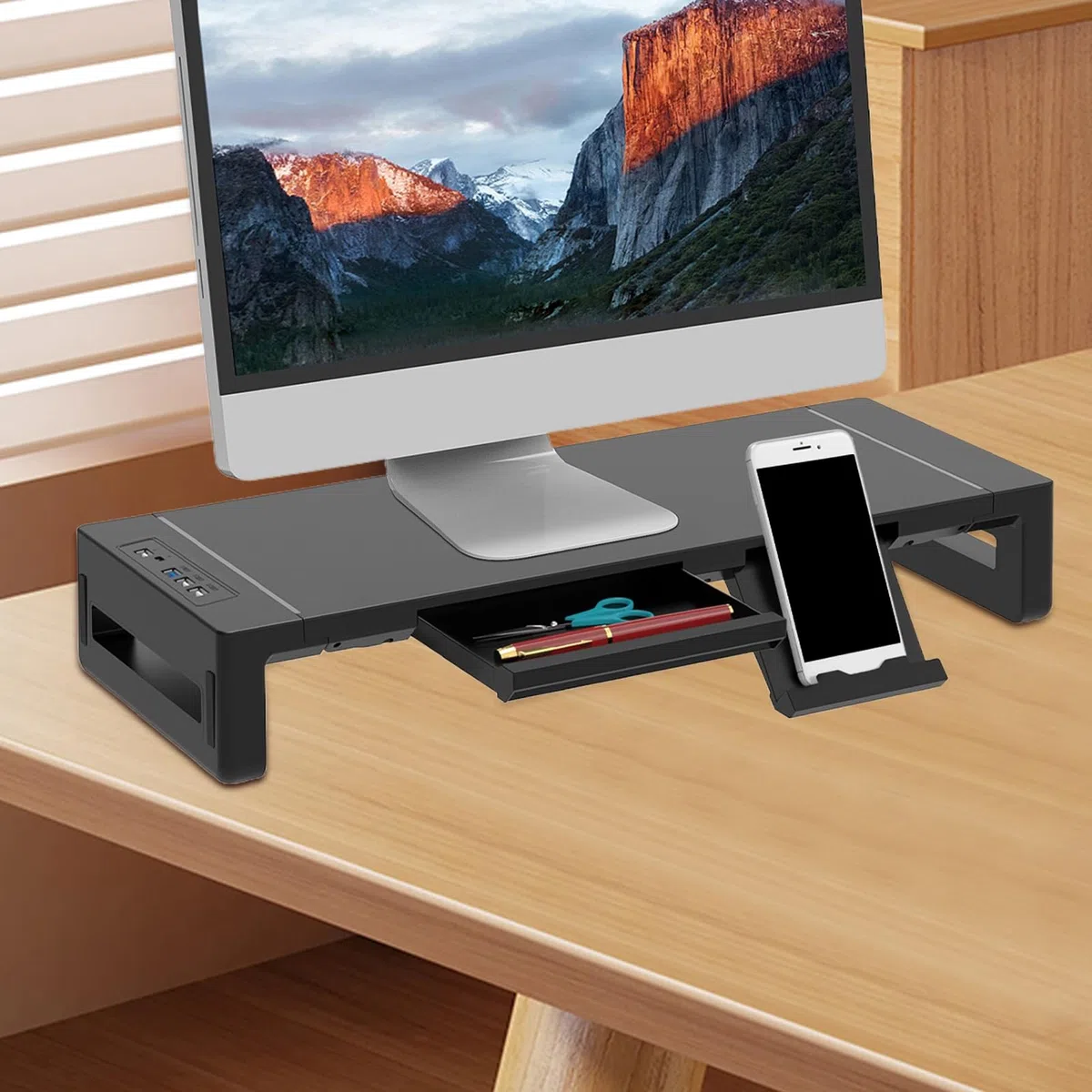 Stojak na monitor, stojak na ekran komputera, 50 cm, szuflada do przechowywania, ergonomiczna konstrukcja oszczędzająca miejsce, składany organizer na biurko do drukarki laptopa, telewizora, biurka