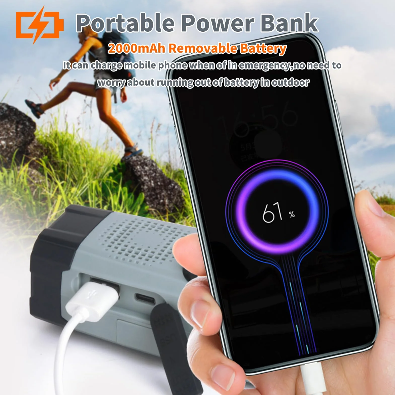Awaryjne radio słoneczne z latarką LED, alarm SOS, AM/FM, ładowanie USB XLN-383WB