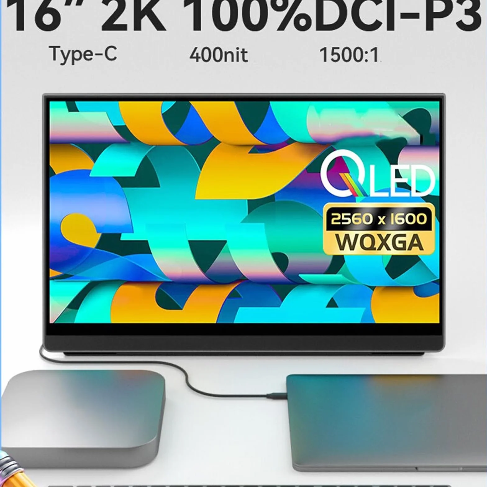 Przenośny monitor do laptopa 16-calowy ekran zewnętrzny QLED 2,5 K. Rozdzielczość 2560 * 1600. Ekran rozszerzający laptopa. Zewnętrzny biurowy do gier Przenośny monitor do gier