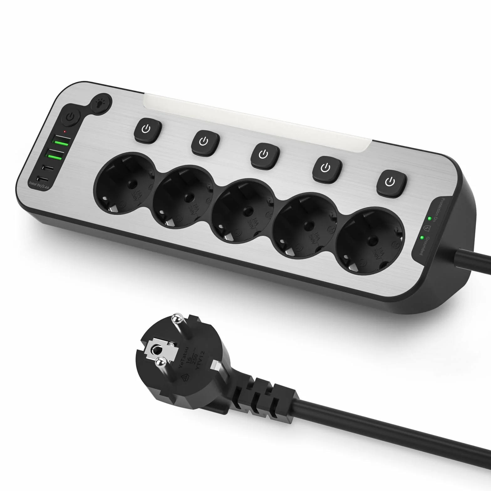 Metalowa Listwa Zasilająca 5 Gniazd USB 2M Przeciwprzepięciowa Czarna