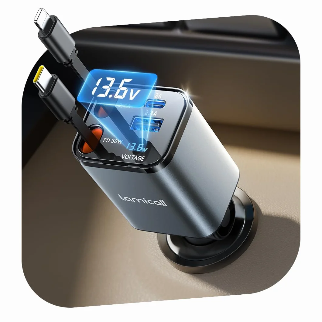 Lamicall 4 w 1 Ładowarka USB 69 W do Zapalniczki Samochodowej z 2 Wysuwanymi Kablą