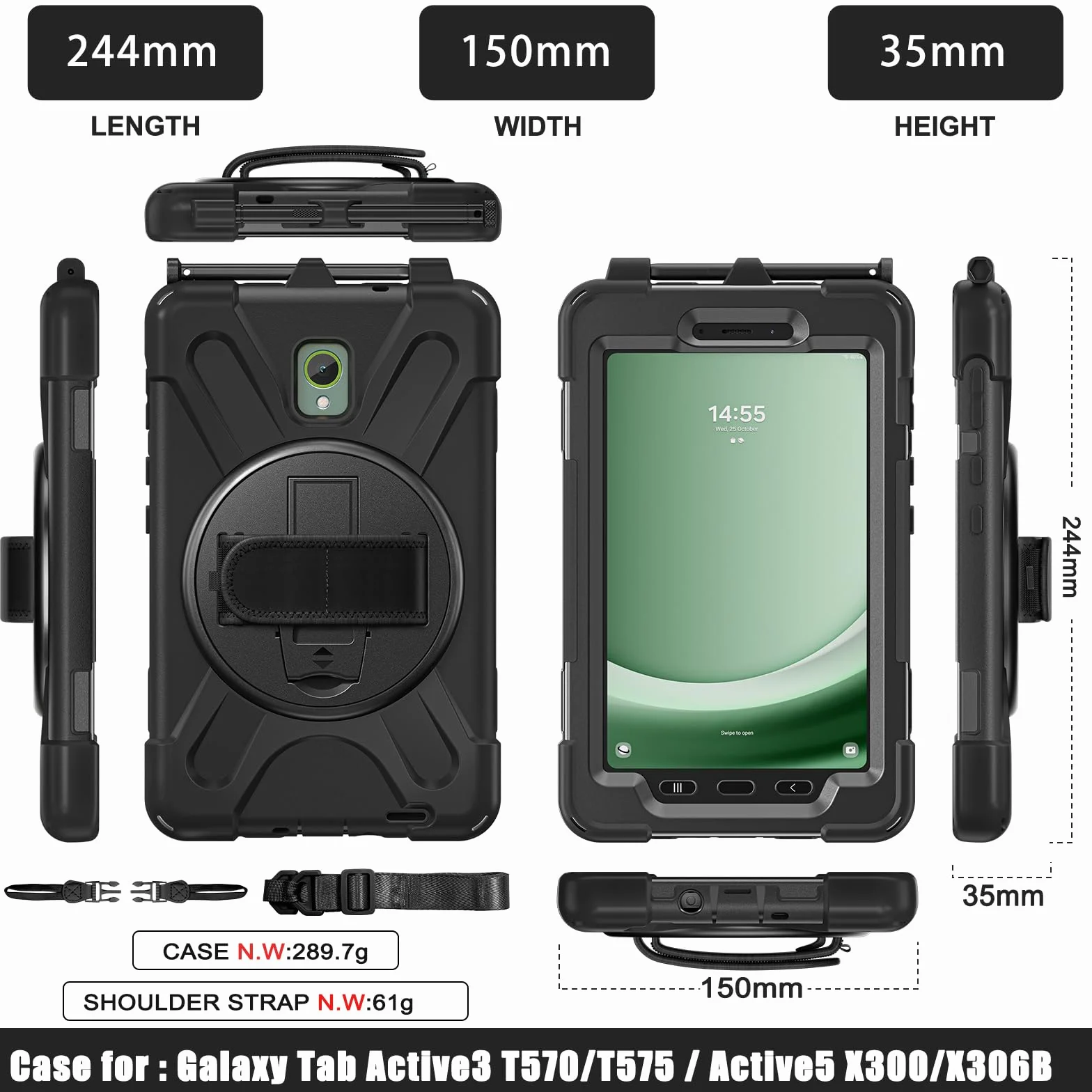 Gerutek Etui do Samsung Galaxy Tab Active 5/Active 3 2024/2020 8 cali, odporne na uderzenia etui do Tab Active 5 z obrotowym o 360° stojakiem, uchwyt na rękę/pasek na ramię, etui do Samsung Tab Active