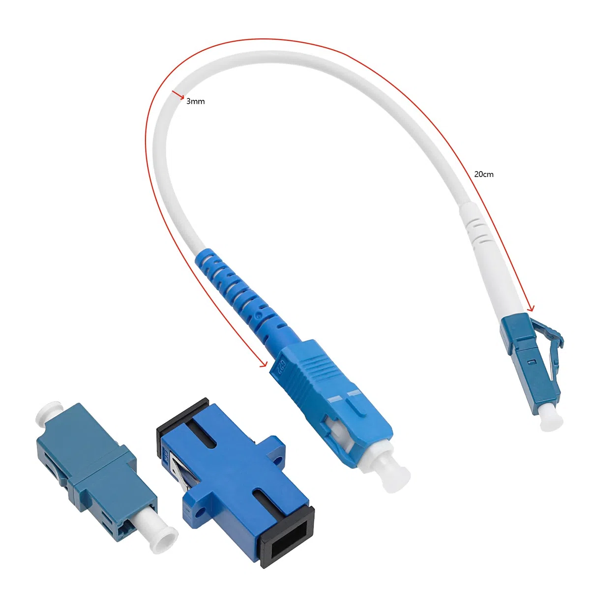 LC/UPC-SC/UPC światłowodowy kabel krosowy jednomodowy, z adapterami i łącznikami, 20 cm