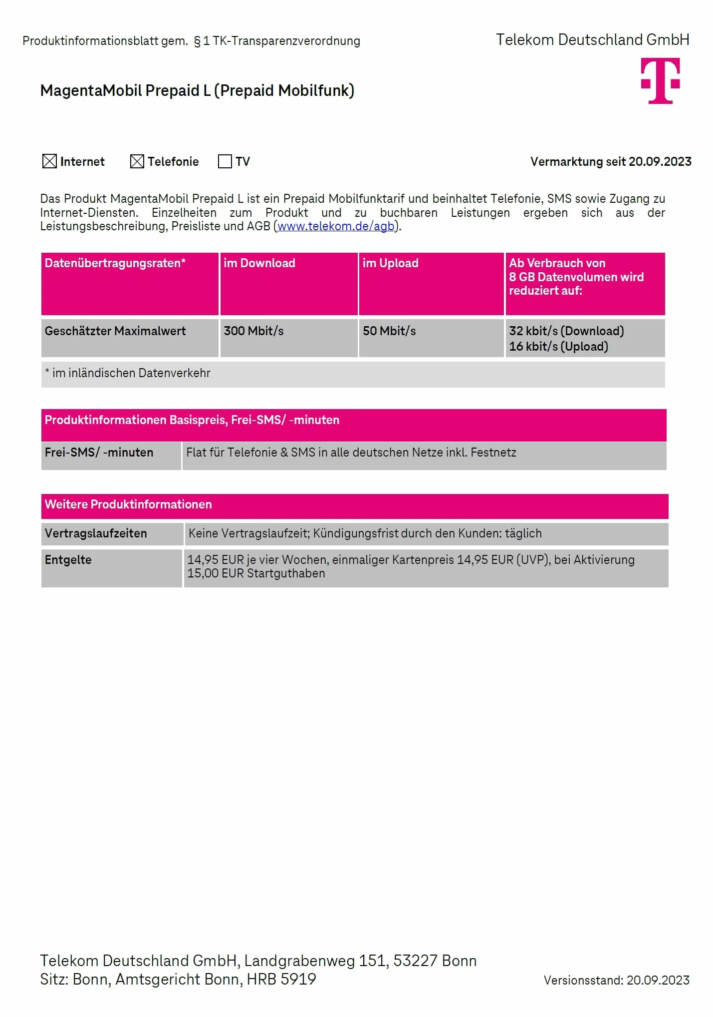 Telekom MagentaMobil Prepaid L karta SIM bez umowy I w zestawie 5 GB & Allnet Flat (min, SMS) do wszystkich niemieckich sieci + roaming UE, surfowanie z 5G/ LTE Max & HotSpot Flat I 15 EUR doładowanie startowe