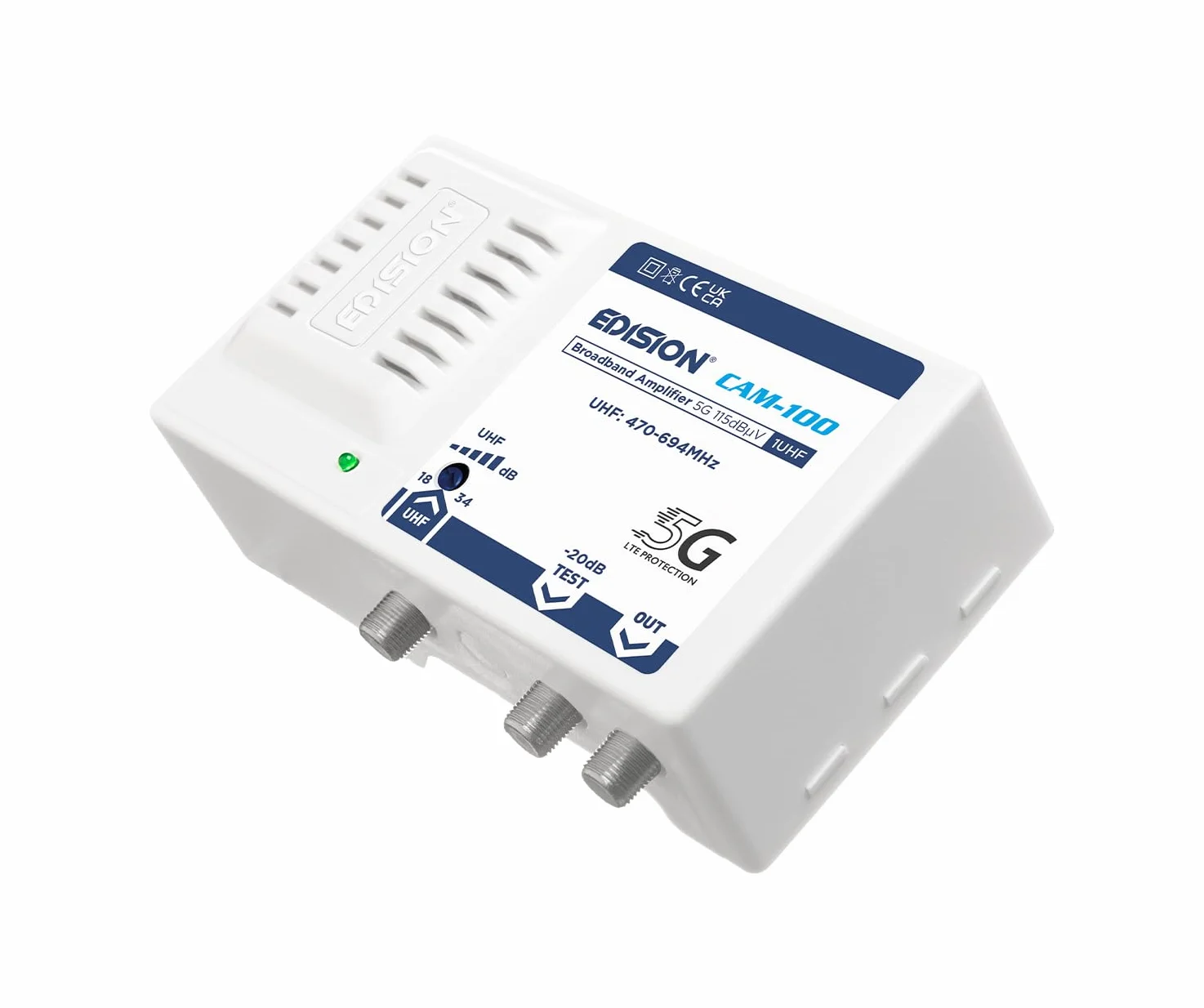 EDISION CAM-100 wzmacniacz szerokopasmowy 1UHF, regulacja 18-34 db, 115 dBmV, wzmacniacz antenowy odpowiedni do naziemnych DVB-T/T2, filtr 5G LTE, zakres częstotliwości UHF 470-694 MHz