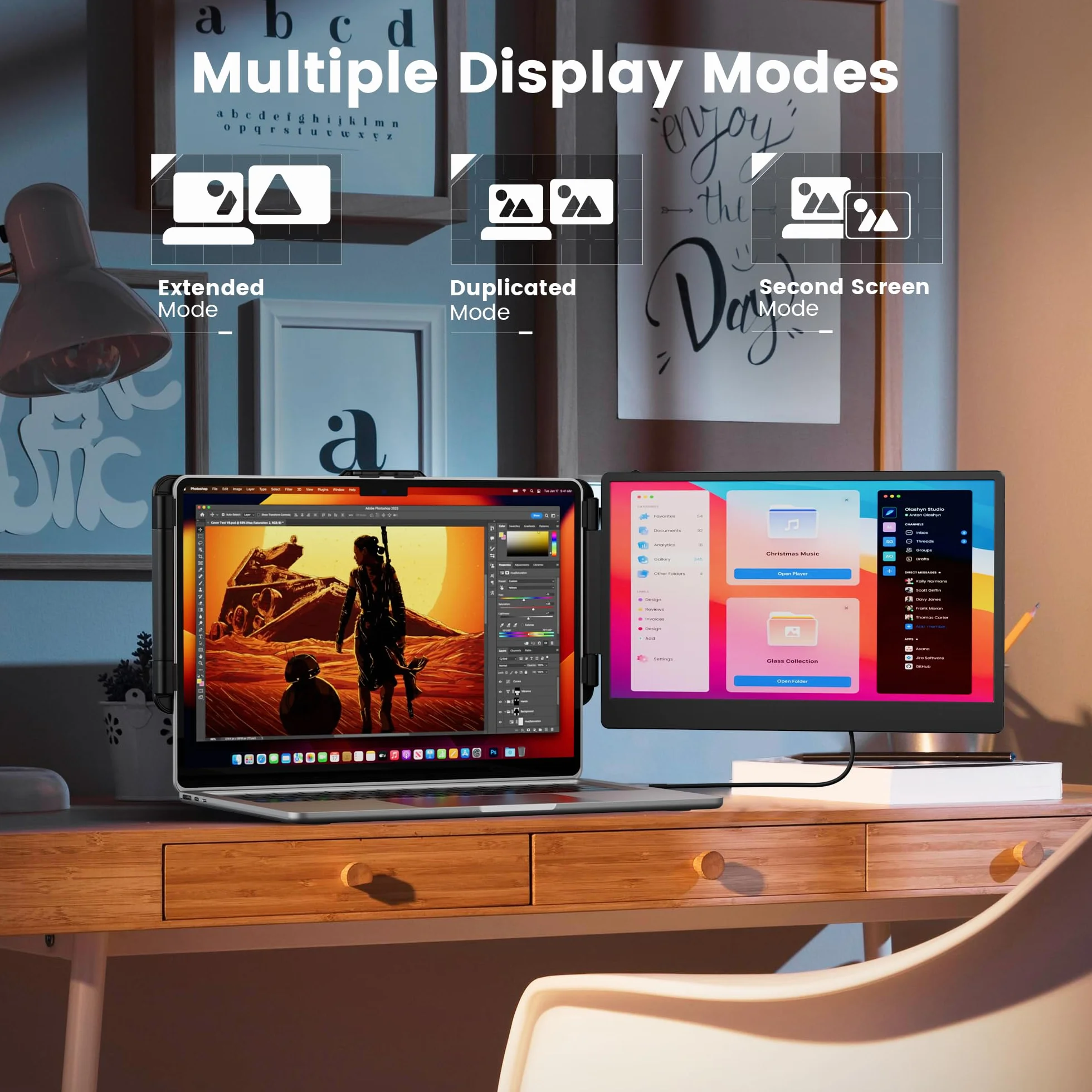 domyfan Przenośny Monitor,14" FHD 1080P Przedłużacz ekranu do Laptopa, HDMI/USB-A/Type-C Plug and Play Działa z 13 "-17" Windows, Mac, Chrome, Xbox, Switch, PS5