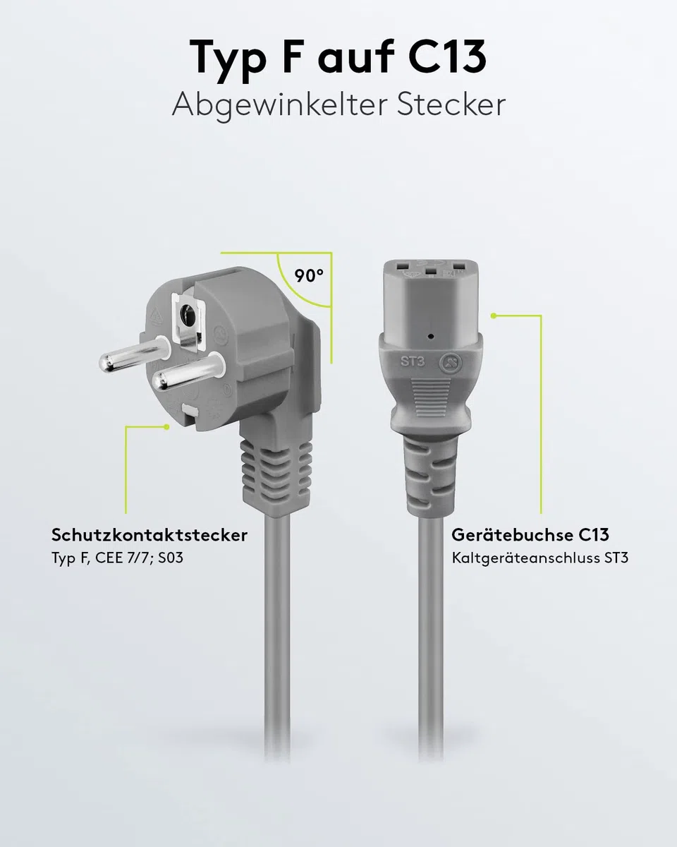 Goobay 50076 kabel do urządzeń zimnych 2 m / 90 stopni C13 gniazdo urządzenia zimnego i wtyczka ze stykiem ochronnym/uniwersalny monitor PC kabel zasilający C13 wtyczka kątowa kabel zasilający /