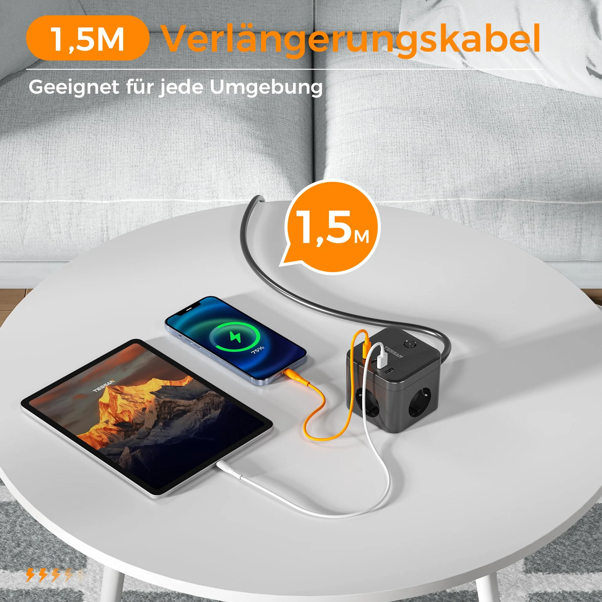 TESSAN Listwa zasilająca, płaska wtyczka PD, 20 W, szybkie ładowanie, 3 gniazda wtykowe z 2 gniazdami USB C i 2 USB A, kostka z przełącznikiem, przedłużacz 1,5 m, wtyczka wielokrotna, do biura, czarna