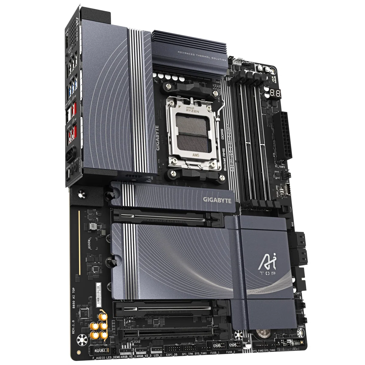 GIGABYTE Płyta główna B850 AI TOP - procesory AMD Ryzen serii 9000, 16+2+2 fazy cyfrowy VRM, do 8600 MHz DDR5 (OC), 2xPCIe 5.0 + 1 x PCIe 4.0 M.2, 10 LAN, WIFI 7, USB 3.2 Gen 2x2