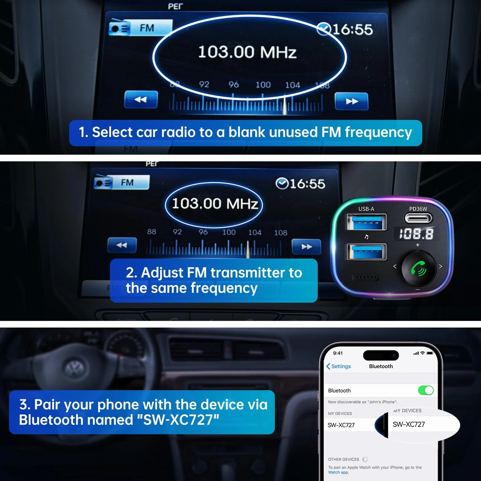 SYNCWIRE Nadajnik samochodowy Bluetooth 5.3 FM, 48 W(PD 36W i 12W) Ładowarka USB Adapter samochodowy Bezprzewodowy odbiornik radiowy, wyświetlacz LED, zestaw głośnomówiący, obsługa napędu USB 64 GB,