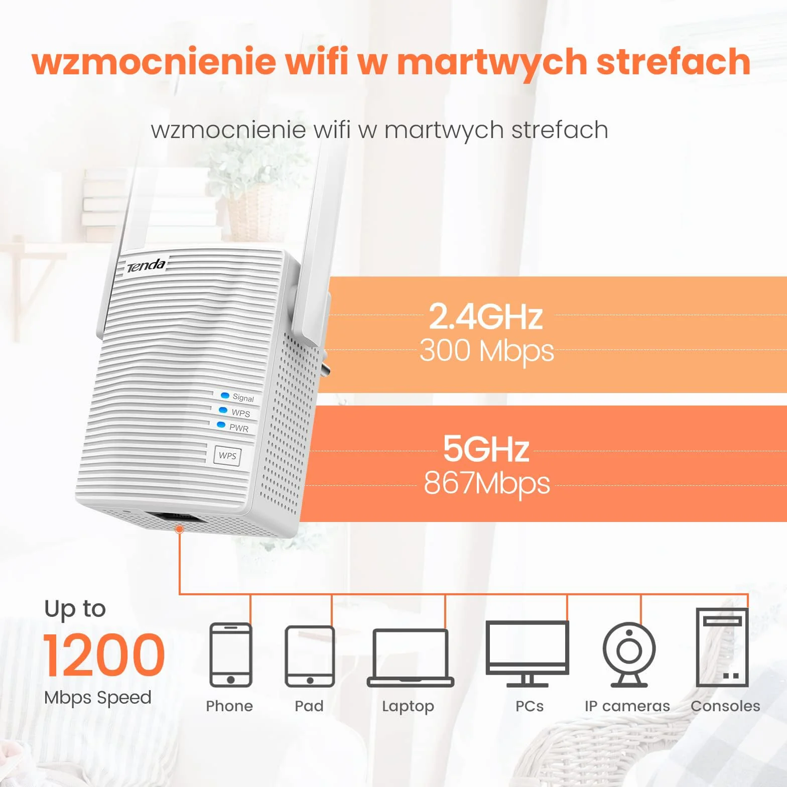 Tenda A18 AC1200 wzmacniacz sygnału1200 Mbit/s (Dual WLAN AC + N, 867 Mbps 5 GHz + 300 Mbps 2,4 GHz), bezprzewodowa osłona, WPS, tryb AP, łatwa konfiguracja, współpracuje ze wszystkimi routerami WLAN