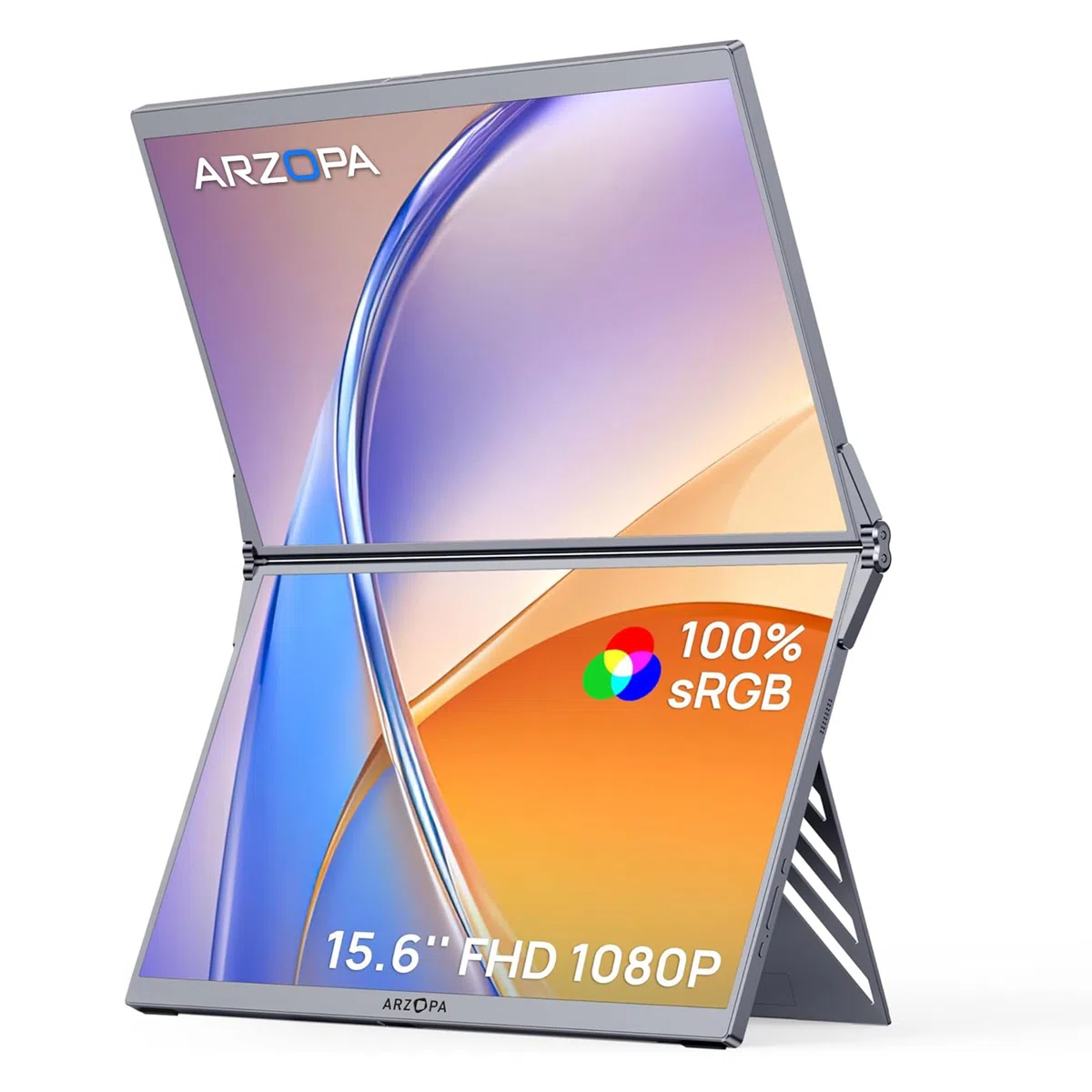 ARZOPA 15,6 cali Podwójny Ekran Przenośny Monitor, 100% sRGB FHD 1920x1080, Rozszerzenie Laptopa z Dwoma Ekranami, Typ-C/HDMI, Głośniki, Etui, do Laptopa/PC/Switch/PS5/Telefonu-E1