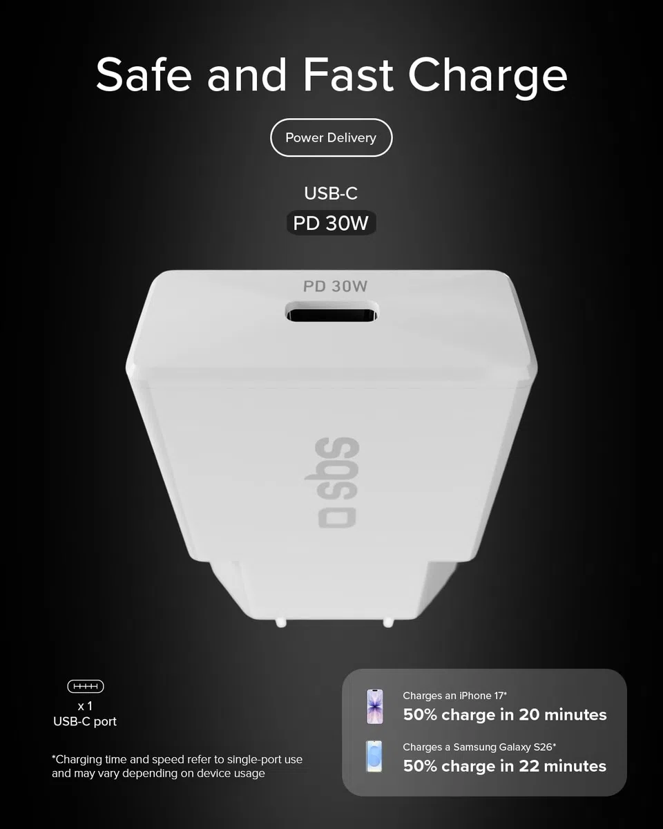 SBS Extra Slim GaN Charger 30W USB-C, GaN Technology, Power Delivery (PD 3.0 PPS), Szybkie ładowanie, ładowarka do iPhone'a, Androida, Tabletu i MacBooka Neo, Kompaktowy, Szary