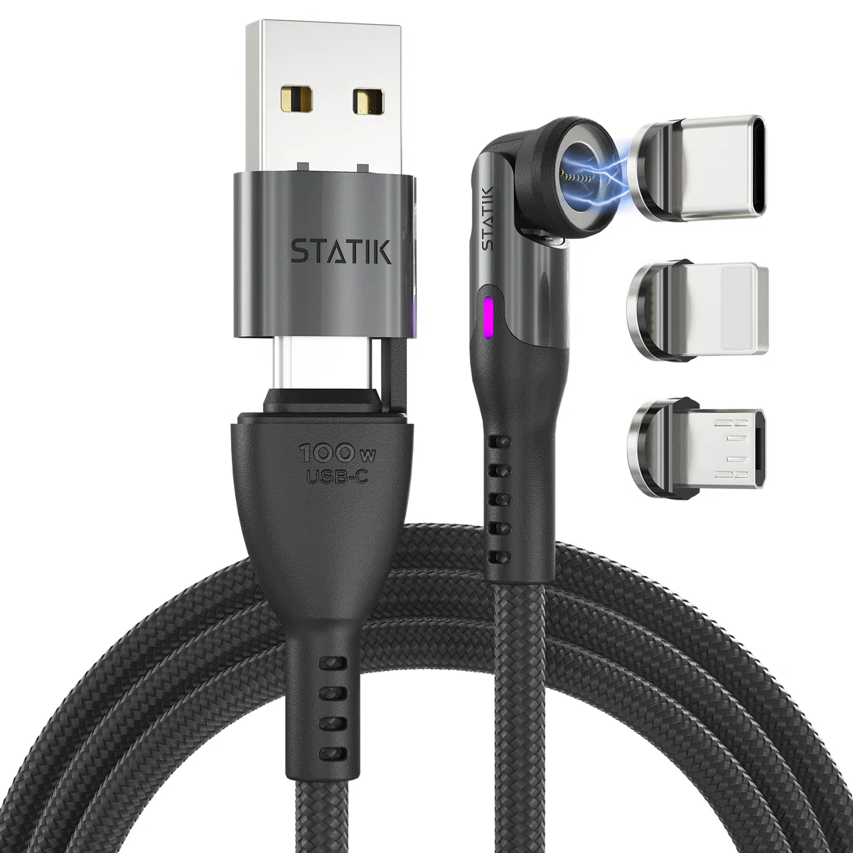 Statik Magnetyczny kabel do ładowania 360 Pro, ładowarka typu C, szybkie ładowanie 3 w 1, kabel USB C na USB C, końcówki micro USB i iProduct Tips, adapter USB A, pasuje do wszystkich urządzeń, szybka
