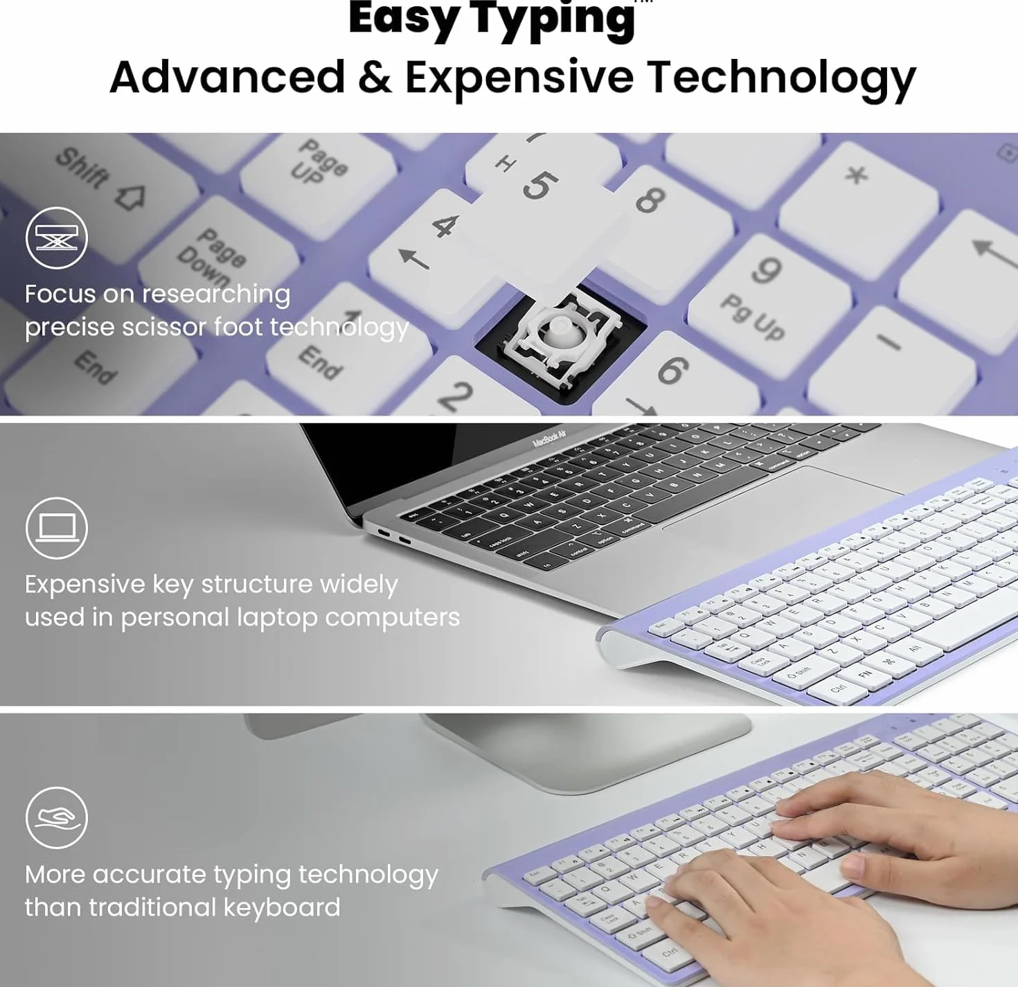 Cimetech Bezprzewodowa klawiatura i mysz 2.4G, cicha, przenośna, US International QWERTY, purpurowy