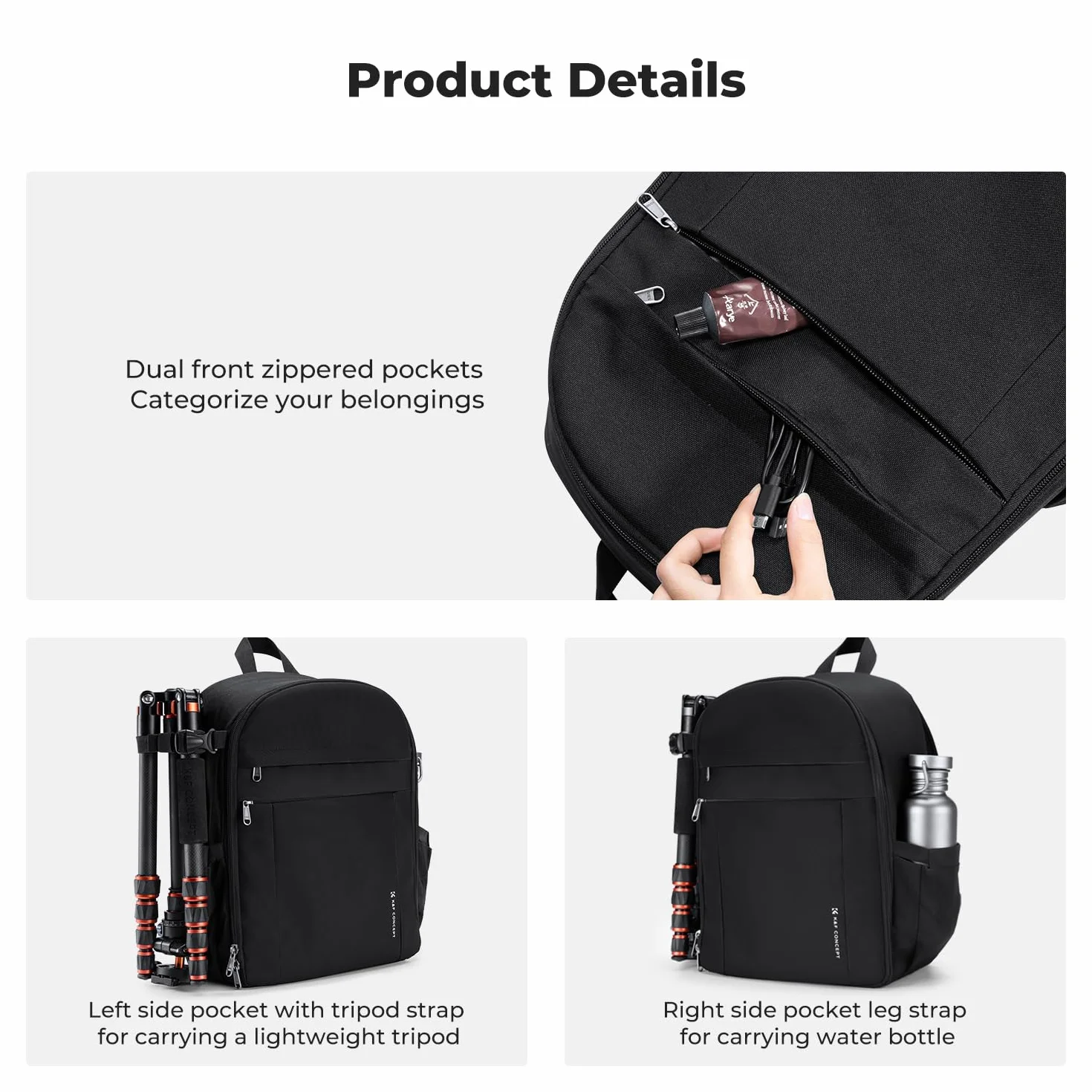 K&F CONCEPT Lekka torba na plecak na aparat, mała profesjonalna torba fotograficzna kompatybilna z aparatem Sony Canon Nikon i akcesoriami do obiektywów, z podwójnymi przednimi kieszeniami i paskiem