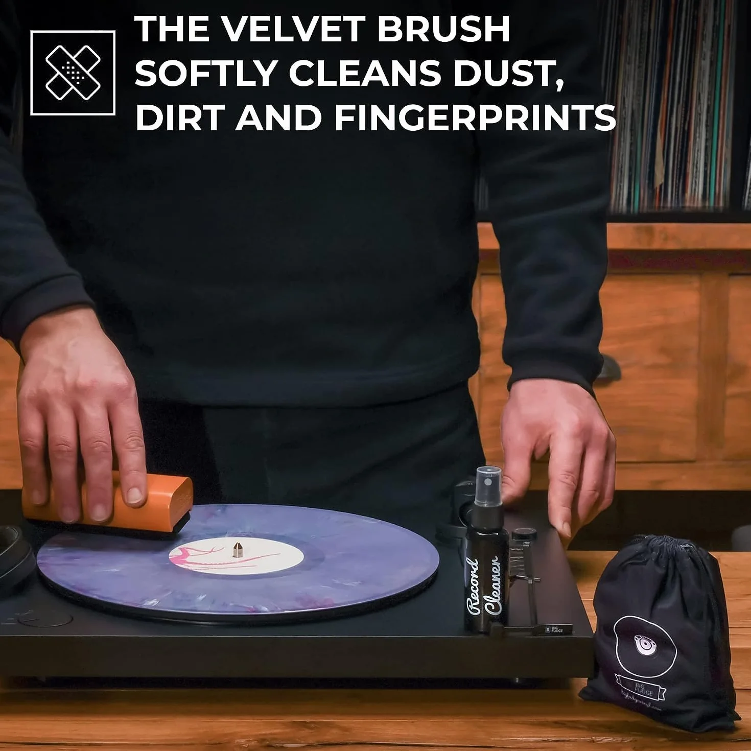 BIG FUDGE Professional Series Vinyl Record Cleaning Kit - 5-in-1- Includes Velvet Vinyl Cleaner Brush, Cleaning Fluid, Stylus Gel, Brush for Velvet, Padded Storage Case