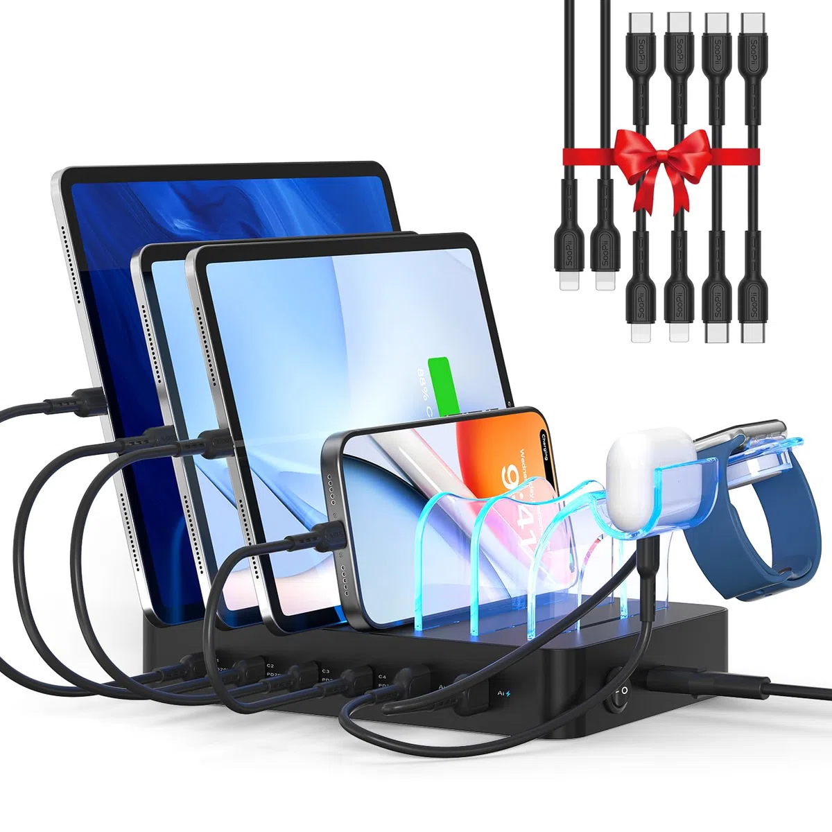 SooPii Stacja ładująca 90 W do wielu urządzeń, 6-portowa Multi USB C stacja ładująca z 6 mieszanymi krótkimi kablami, stacja ładująca PD 20 W do telefonów LPhone, Galaxy, iPad, tabletów i innych