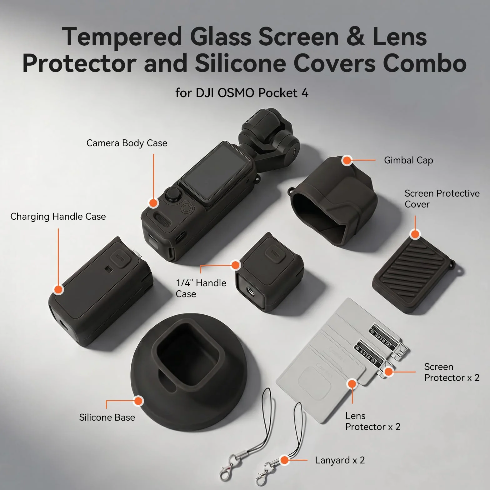 AMAZEAR Silikonowe etui do DJI OSMO Pocket 4, akcesoria, miękkie etui ochronne, zestaw combo z hartowanego szkła, ochrona wyświetlacza, ochrona obiektywu, silikonowy stojak (czarny)