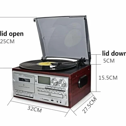 Odtwarzacz płyt Bluetooth w stylu retro z wbudowanymi głośnikami – 3-biegowy gramofon vintage, odtwarzacz CD i kasetowy, konstrukcja o niskim poziomie hałasu, matowa osłona przeciwpyłowa, idealna do