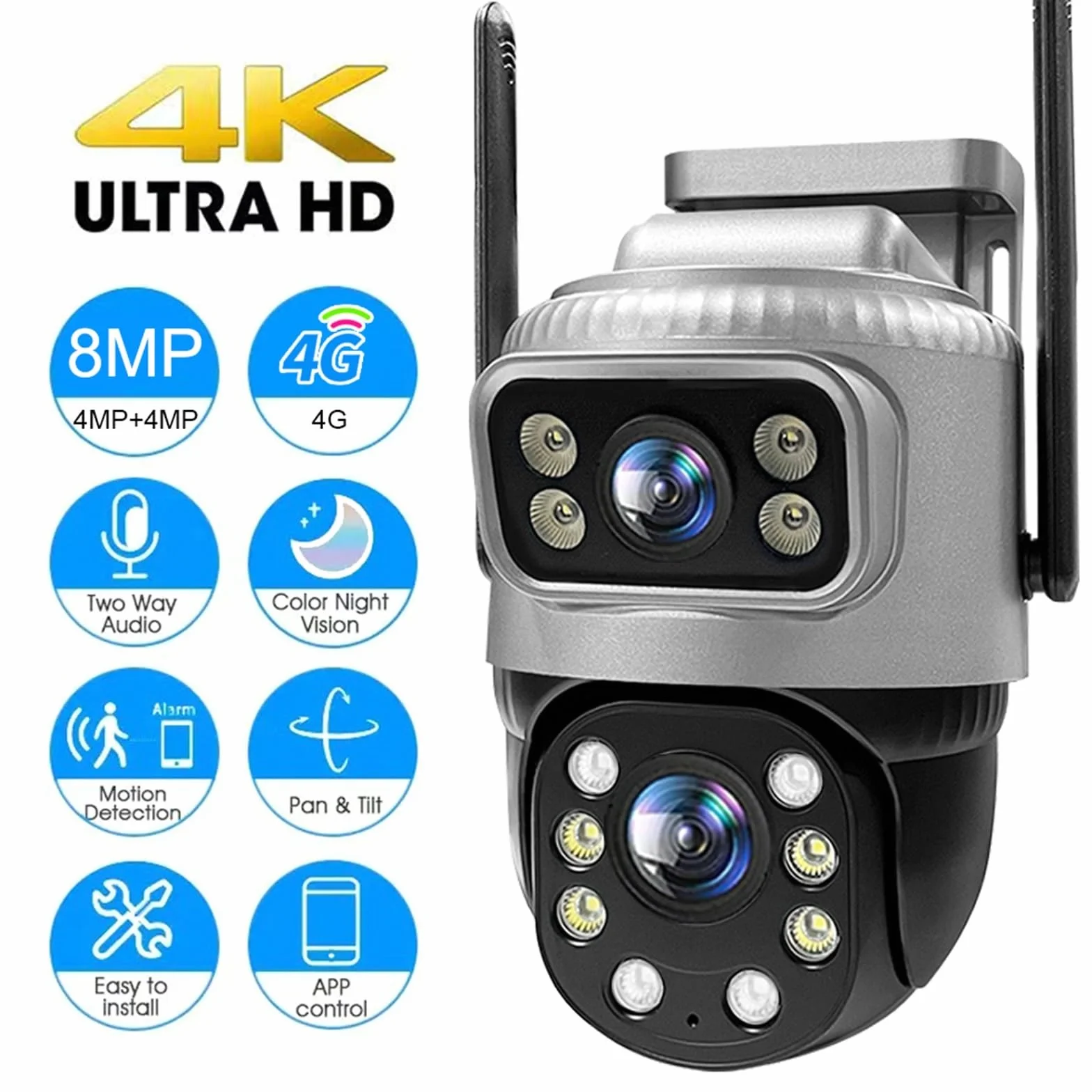 Kamera IP 4G z podwójnym obiektywem, 4 MP, 4K, wodoodporna, do monitoringu zewnętrznego, inteligentny dom, noktowizor, ochrona CCTV(WIFI Cam 128G Card)