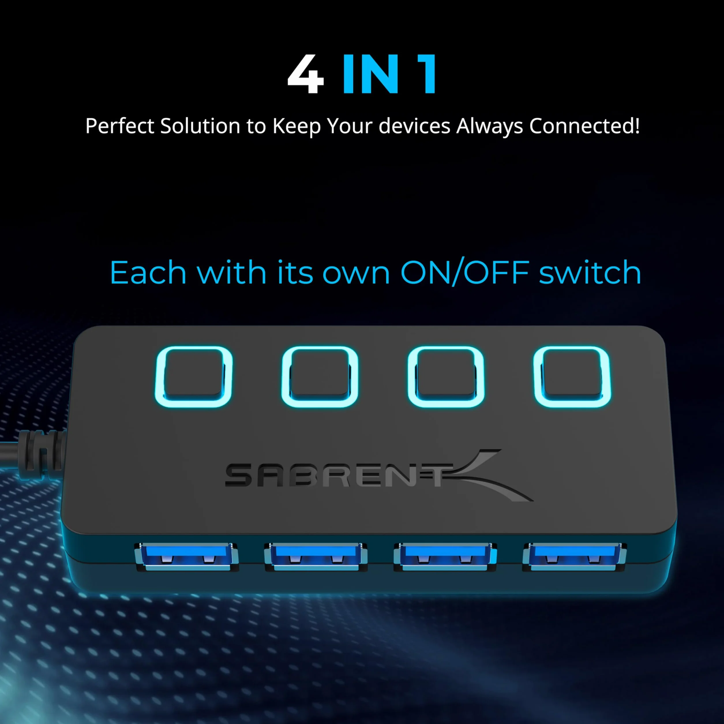 SABRENT Hub USB 3.2 Gen 1 4 porty listwa zasilająca USB rozdzielacz przełączniki ON/OFF diody LED zasilacz do PC laptopa