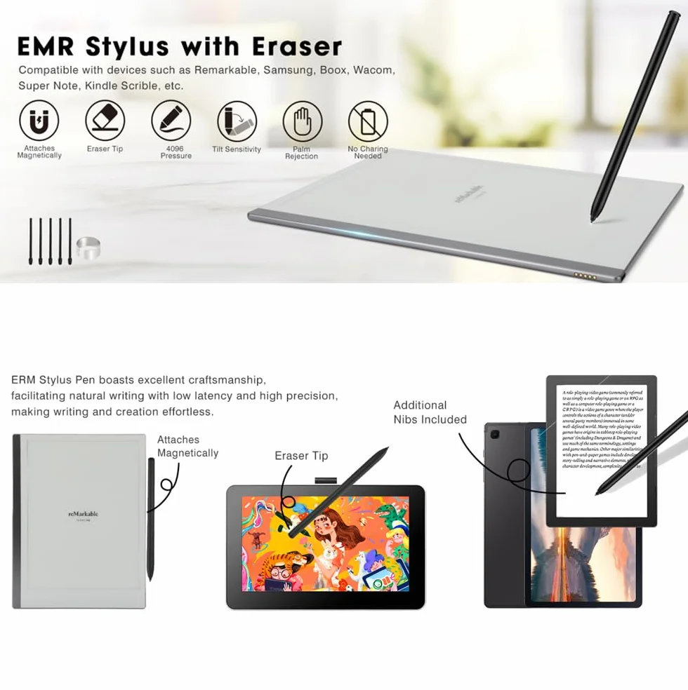 VOVIPO Rysik EMR do Remarkable 2/Kindle scribe/boox z gumką, zapasowy rysik z gumką do niezwykłego 2 papieru cyfrowego, alternatywa dla niezwykłego markera Plus