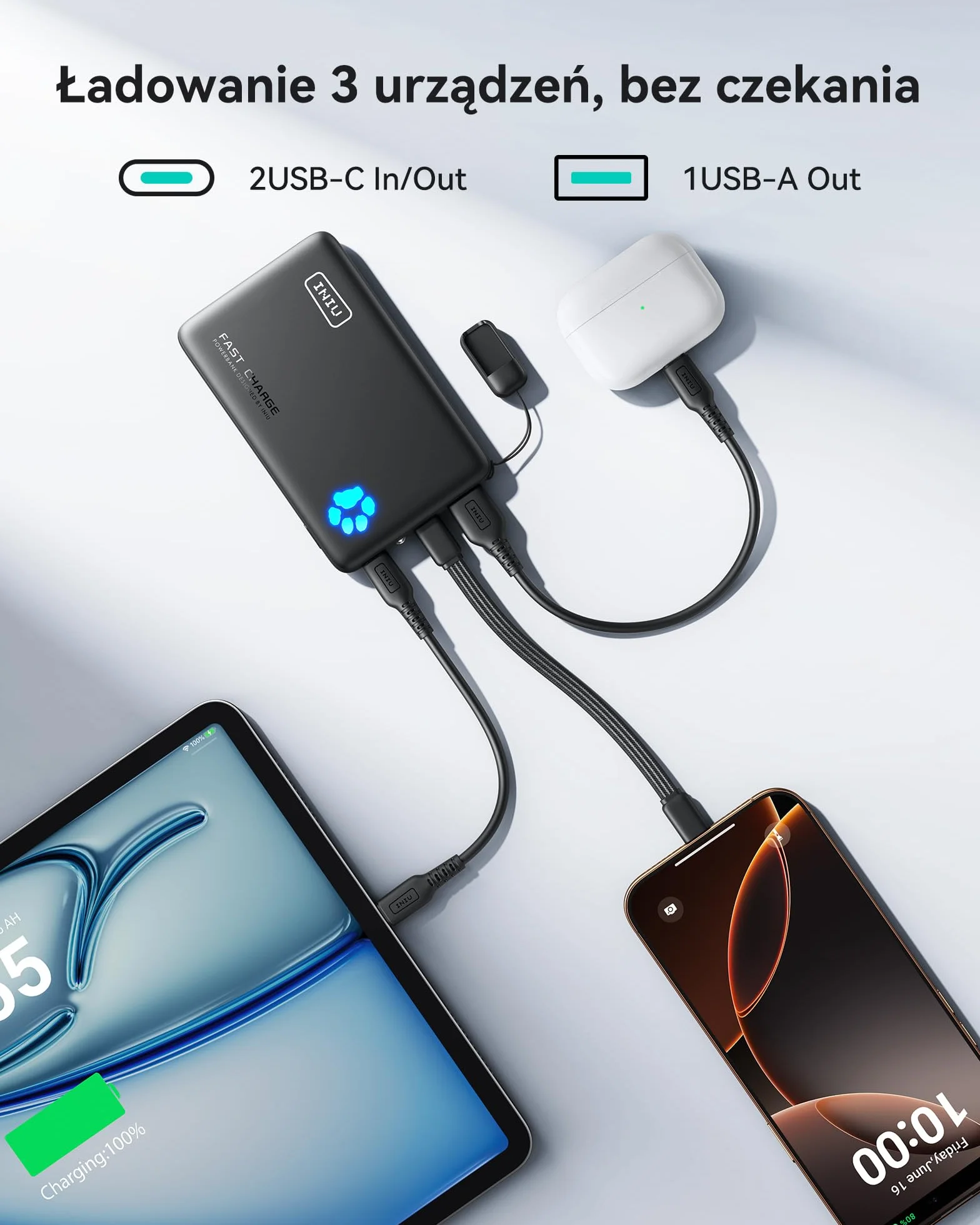 INIU Power Bank, powerbank 45 W, 10 000 mAh, najlżejszy i mały, ale mocny (USB C In& Out), PD3.0 zewnętrzne akumulatory do telefonów komórkowych z lampą błyskową, kompatybilne z iPhone 17 16 15 Pro