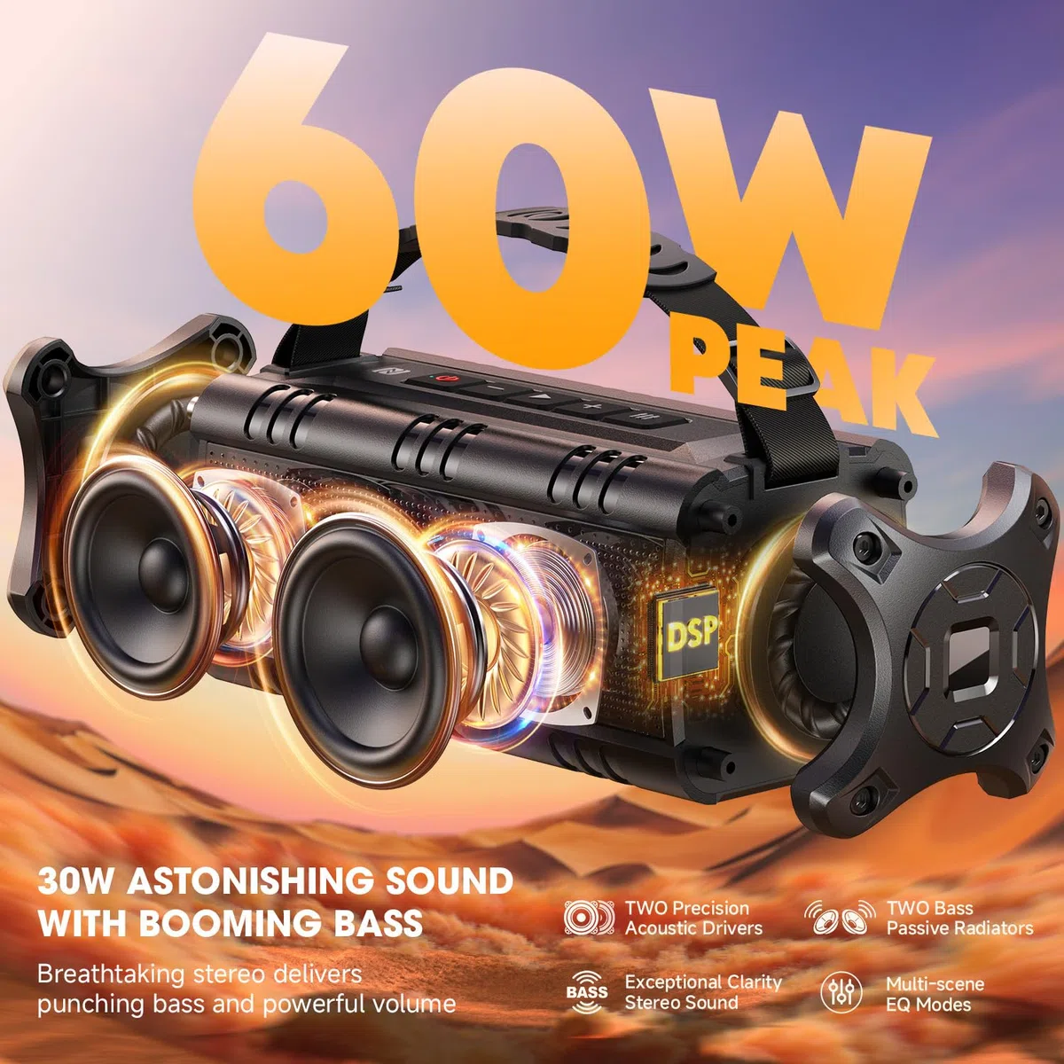 W-KING Przenośne głośniki Bluetooth bezprzewodowe 60W MAX 30W RMS, wodoszczelny głośnik zewnętrzny IPX6, 24godziny na dobę, korektor, wejście AUX, karta TF, odtwarzanie przez USB, mocny głośnik basowy