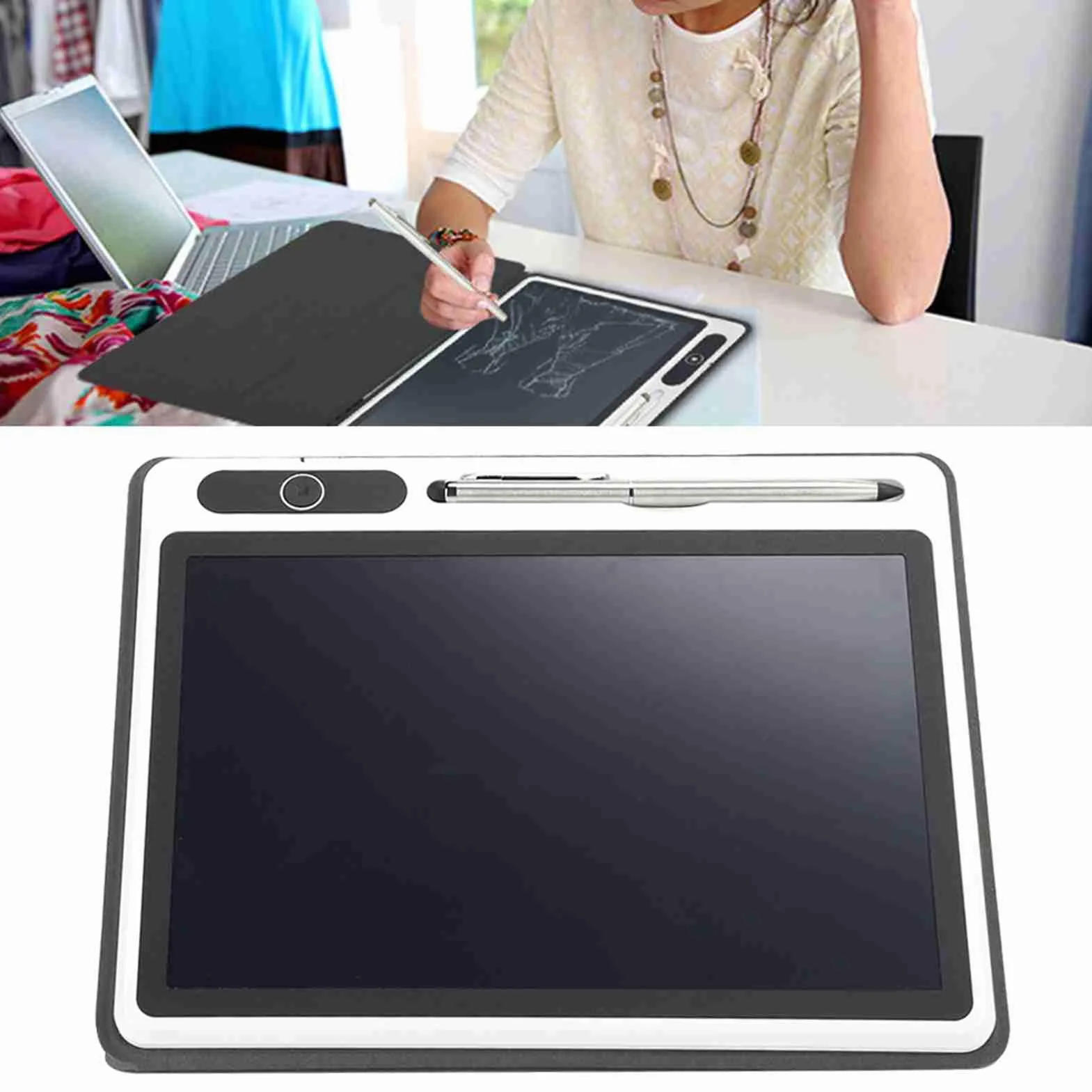 Elektroniczny notatnik LCD, podkładka do rysowania materiały biznesowe cyfrowy notatnik elektroniczny tablet notebook USB narzędzie do ręcznego malowania 23 cm (czarny (z etui ze sztucznej skóry))