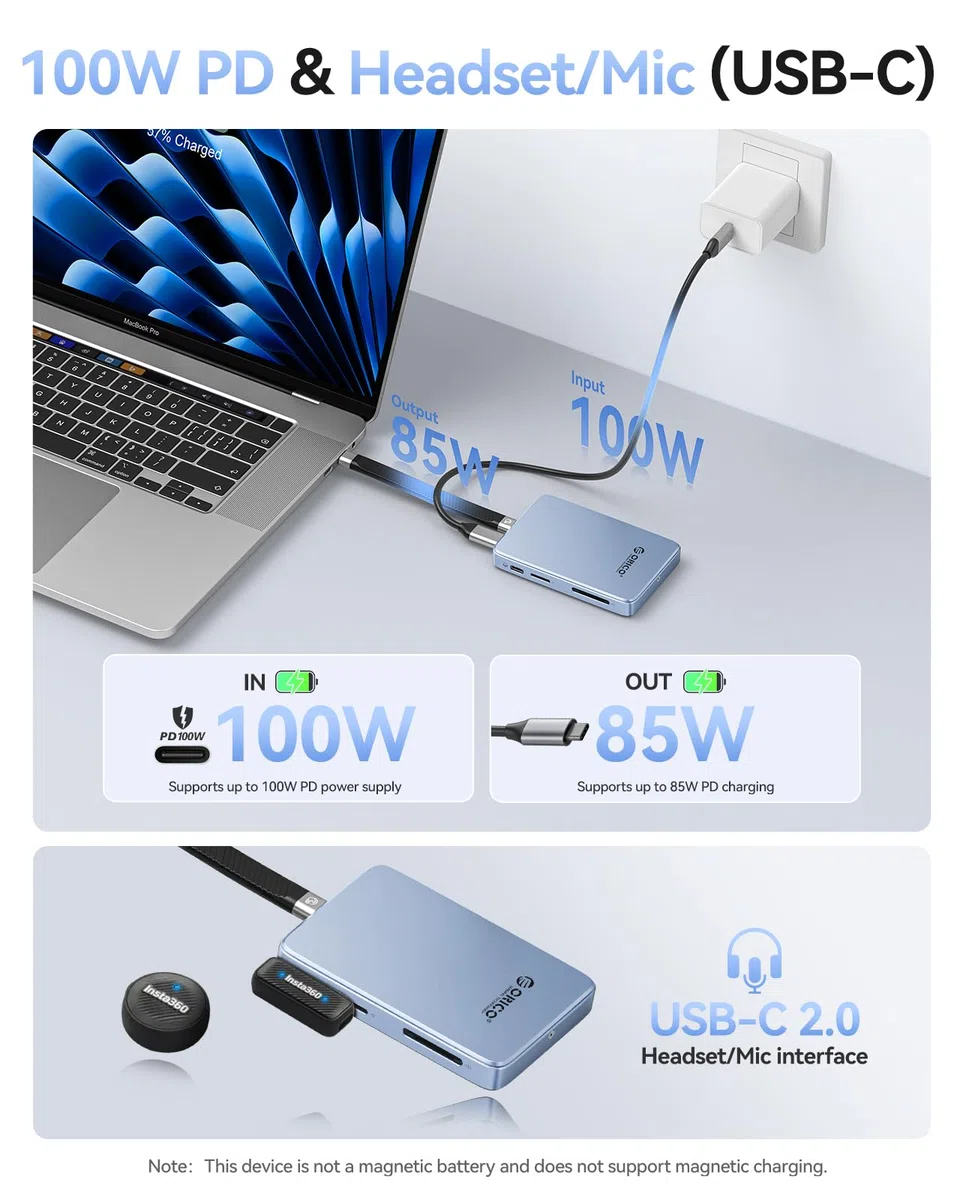 ORICO 10Gbps Magnetyczna obudowa M.2 NVMe SSD z podstawą USB-C Kompatybilna z nagrywaniem ProRes na iPhone 17/16/15 Pro/MAX/Plus Gniazdo TF/SD PD 100W dla dysków SSD 2230/2242/2260/2280 Bez dysku