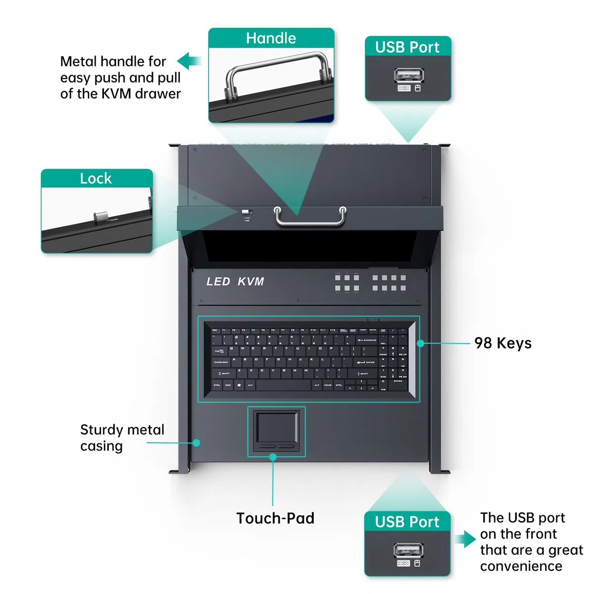 MT-VIKI 17-calowy monitor LCD Rackmount KVM Monitor Switch 8 portów KVM VGA ze zintegrowaną konsolą do szafy 1U 600-800 mm szafy, touchpada, szuflady, Hotkey OSD z 4 x 1,5 m + 4 x 1,8 m kablami 1280 x