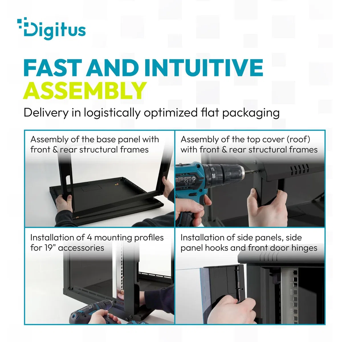 DIGITUS Szafa sieciowa – szafa 19-calowa 12U – niezmontowana – montaż na ścianie – głębokość 600 mm – głębokość użytkowa 470 mm – nośność 60 kg – szklane drzwi – seria Dynamic-N – czarna