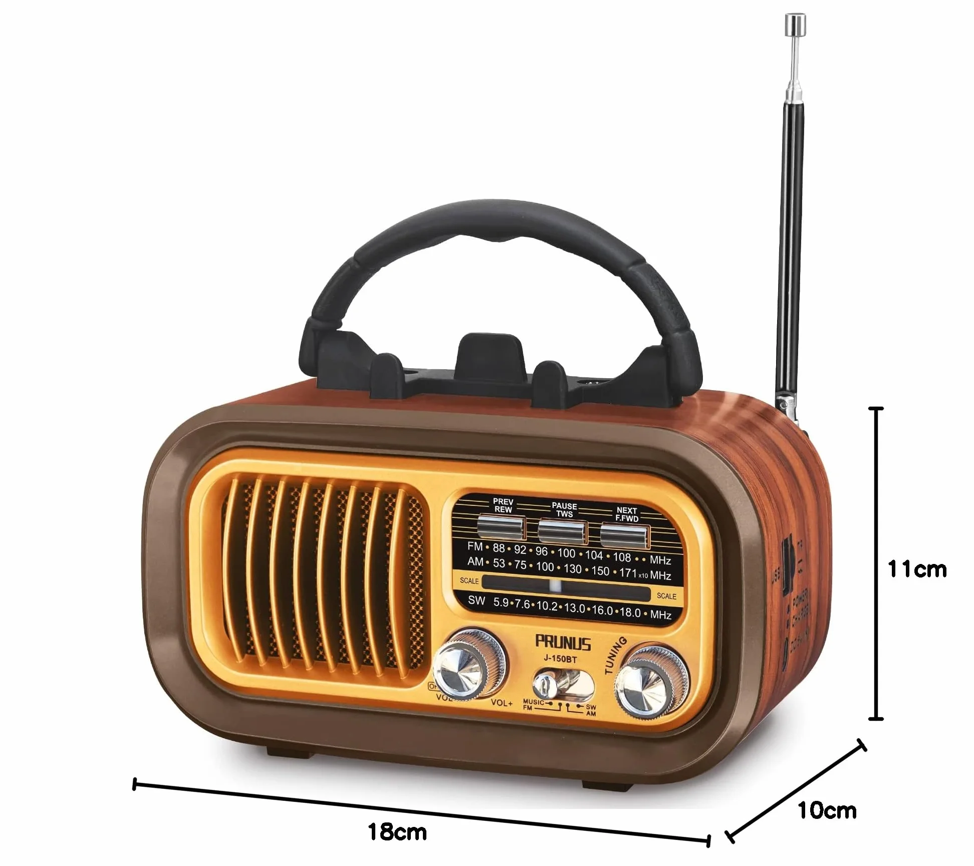 PRUNUS J-150 Vintage Radio AM/FM/SW z akumulatorem 1200 mAh i bateriami D, miniradio w stylu vintage retro, tranzystor radiowy kompatybilny z Bluetooth/USB/TF