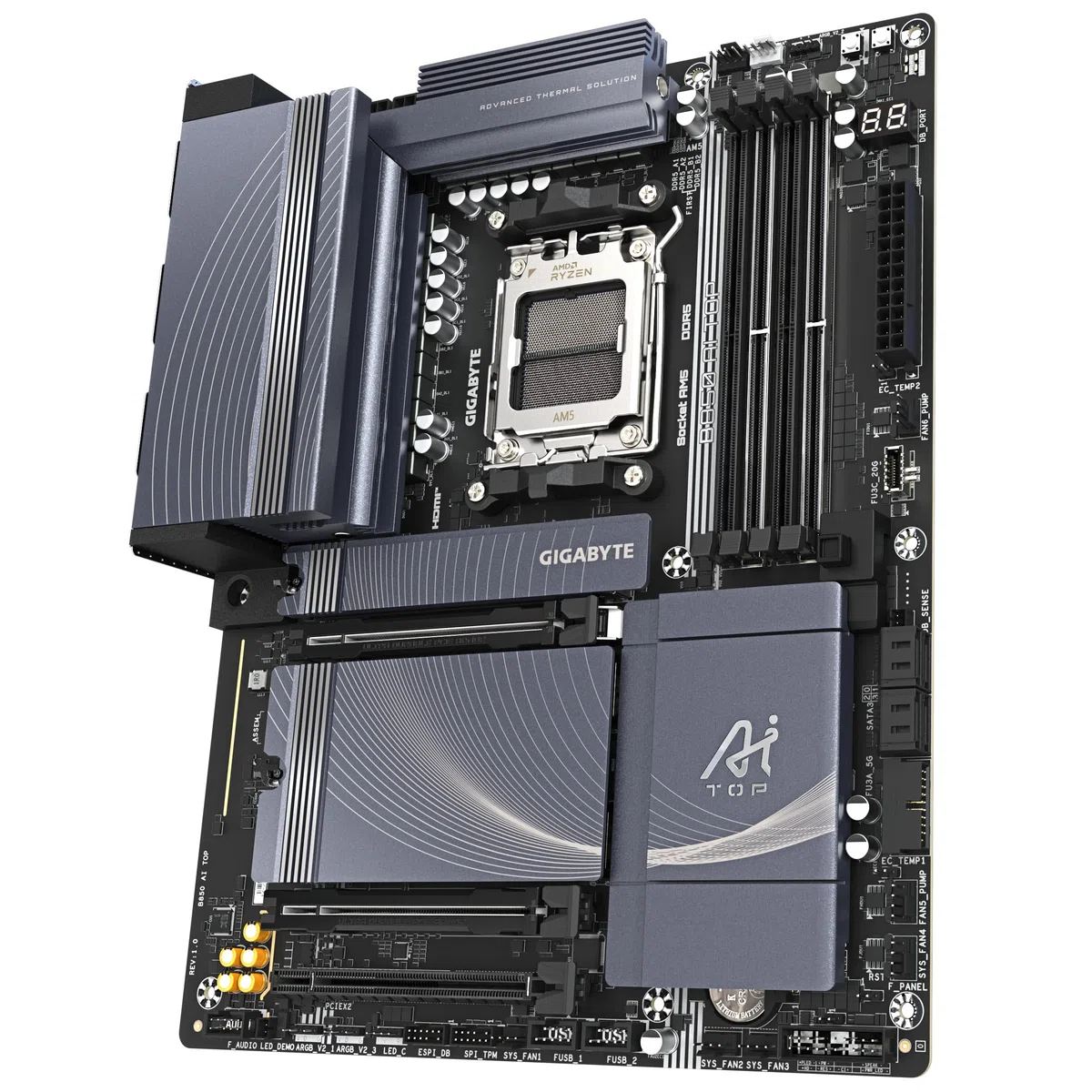 GIGABYTE Płyta główna B850 AI TOP - procesory AMD Ryzen serii 9000, 16+2+2 fazy cyfrowy VRM, do 8600 MHz DDR5 (OC), 2xPCIe 5.0 + 1 x PCIe 4.0 M.2, 10 LAN, WIFI 7, USB 3.2 Gen 2x2